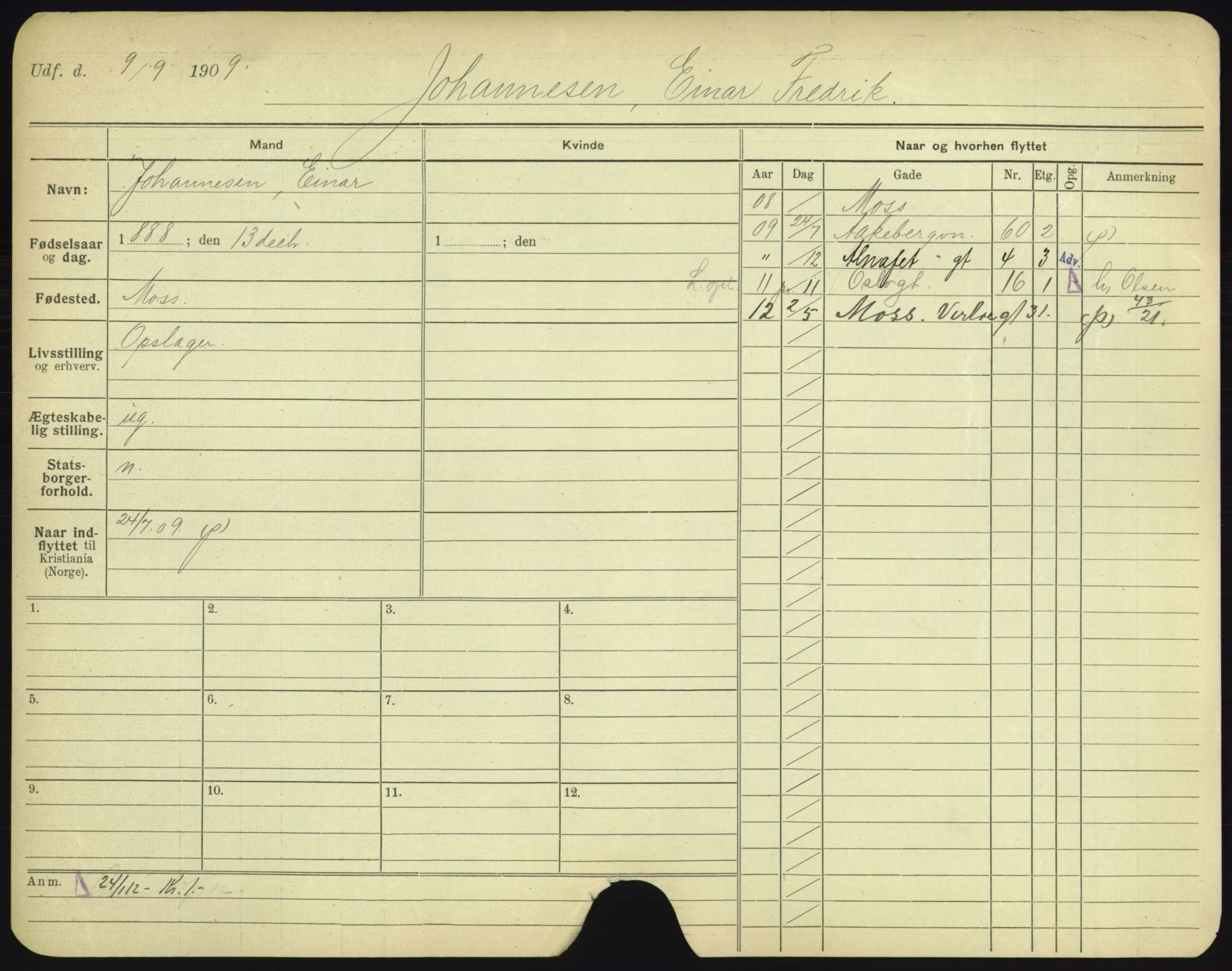 Oslo folkeregister, Registerkort, AV/SAO-A-11715/F/Fa/Fac/L0005: Menn, 1906-1914, p. 475a