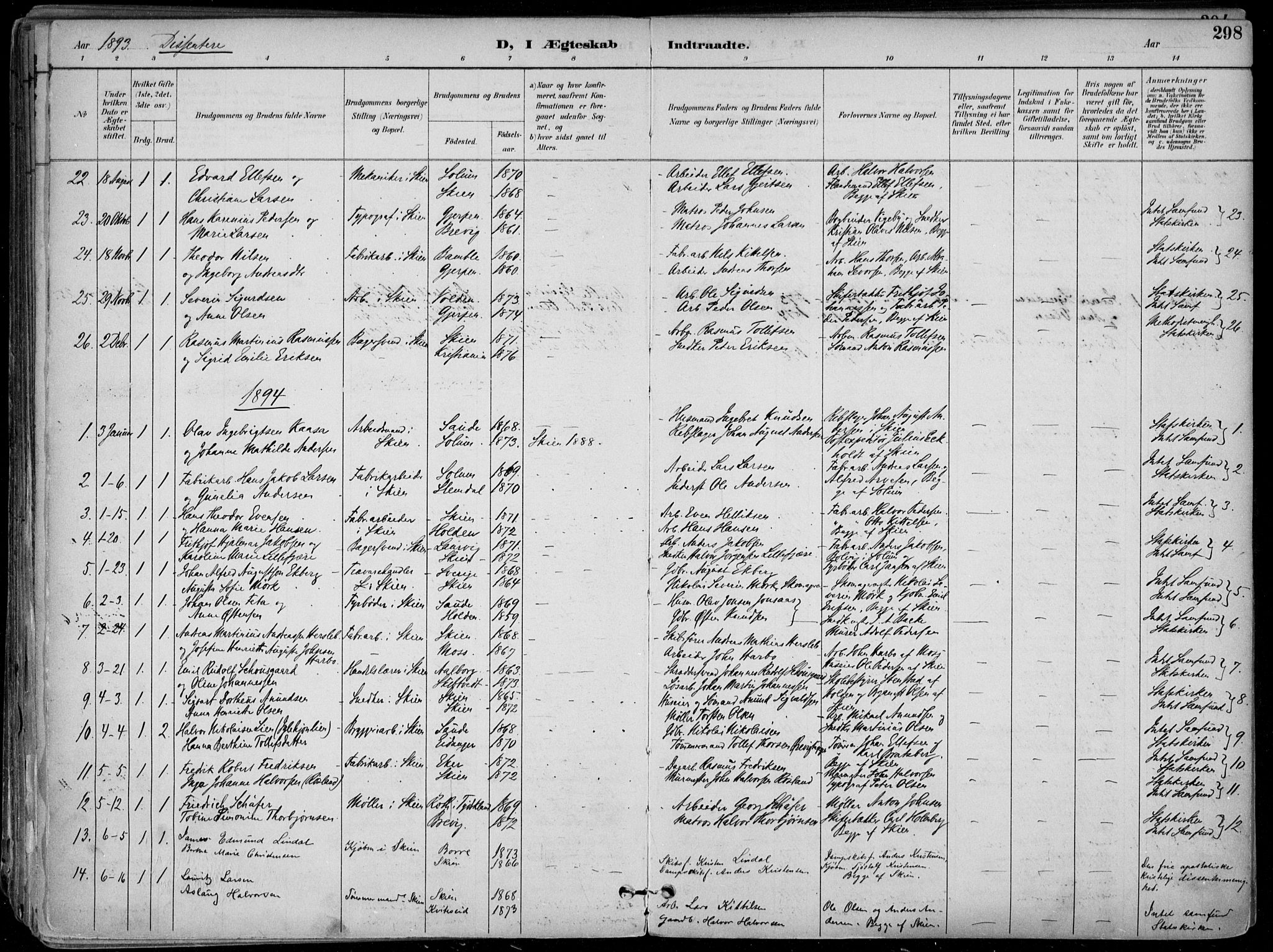Skien kirkebøker, SAKO/A-302/F/Fa/L0010: Parish register (official) no. 10, 1891-1899, p. 298