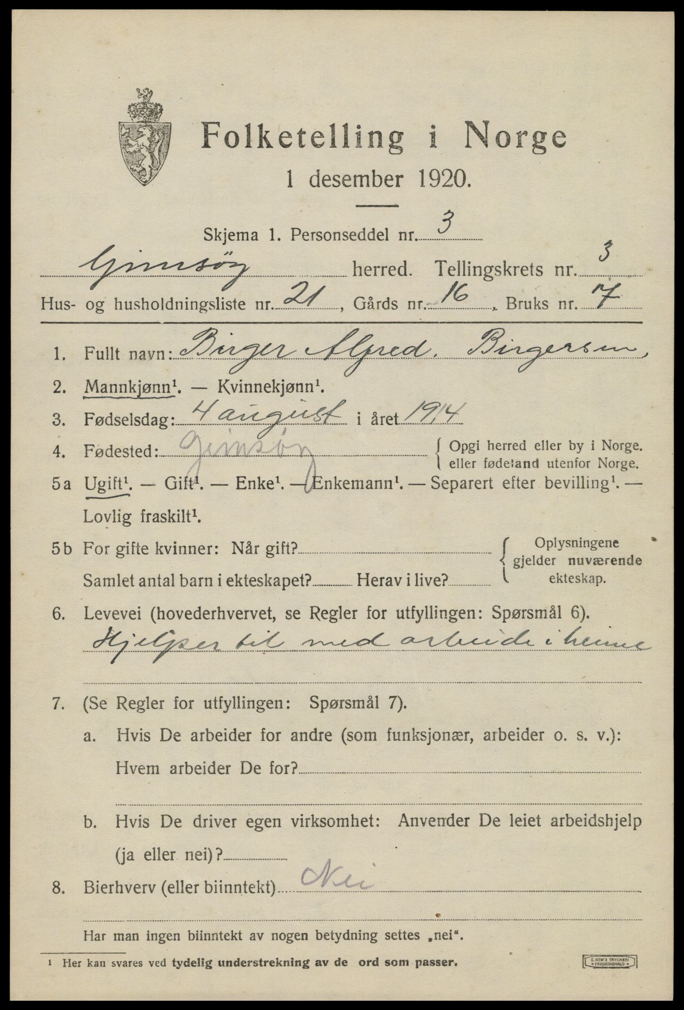 SAT, 1920 census for Gimsøy, 1920, p. 1959