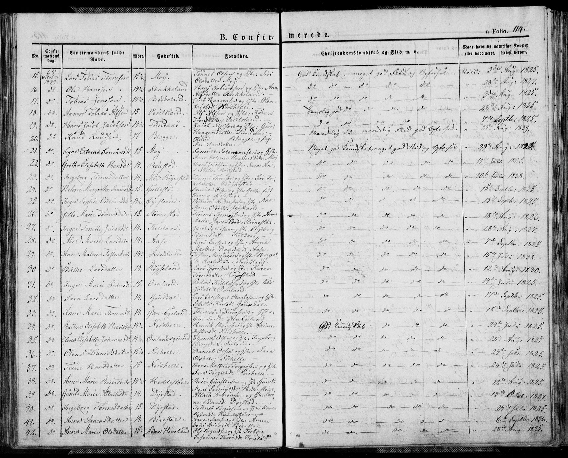 Kvinesdal sokneprestkontor, AV/SAK-1111-0026/F/Fa/Fab/L0004: Parish register (official) no. A 4, 1829-1843, p. 114