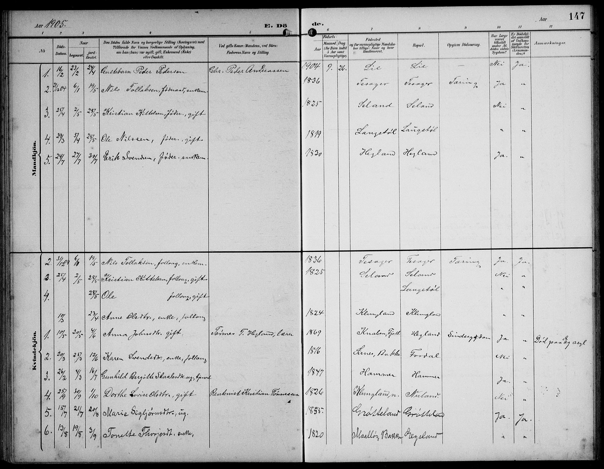 Bakke sokneprestkontor, SAK/1111-0002/F/Fb/Fbb/L0004: Parish register (copy) no. B 4, 1896-1927, p. 147