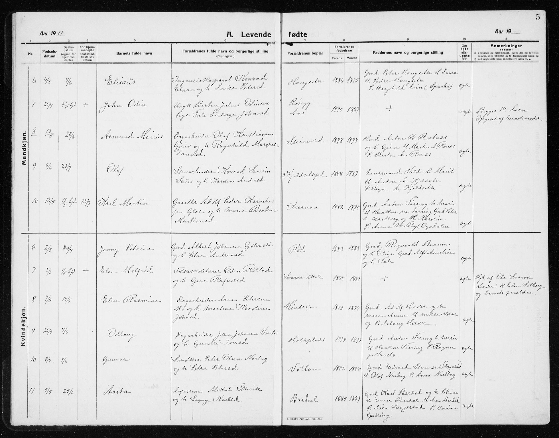 Ministerialprotokoller, klokkerbøker og fødselsregistre - Nord-Trøndelag, SAT/A-1458/741/L0402: Parish register (copy) no. 741C03, 1911-1926, p. 5
