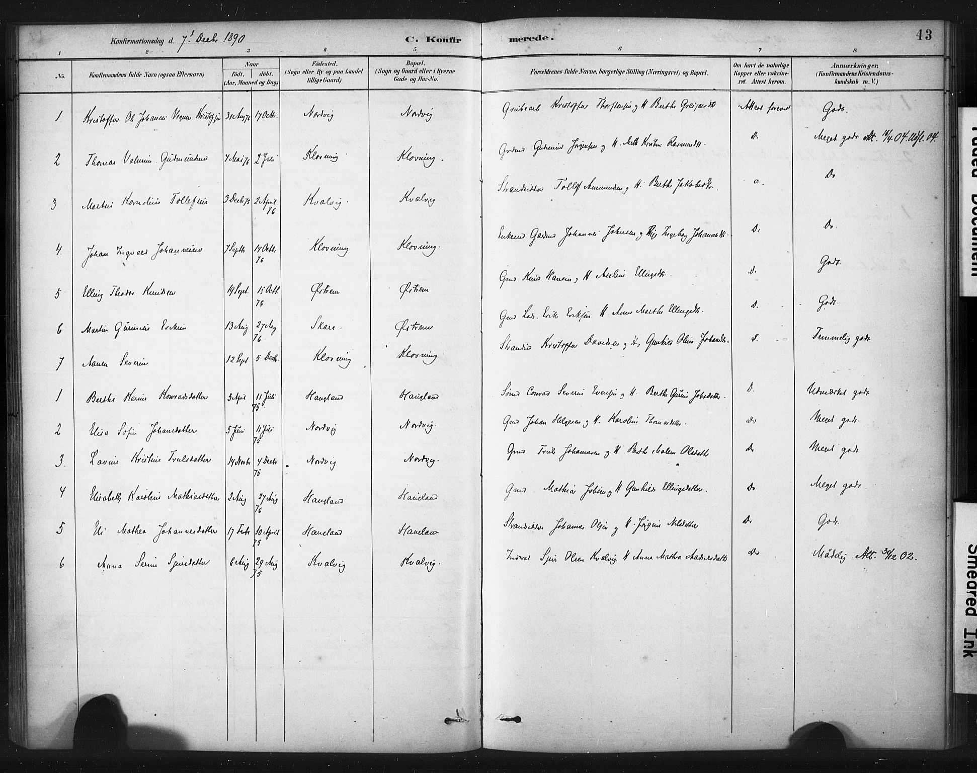 Torvastad sokneprestkontor, AV/SAST-A -101857/H/Ha/Haa/L0016: Parish register (official) no. A 15, 1883-1903, p. 43