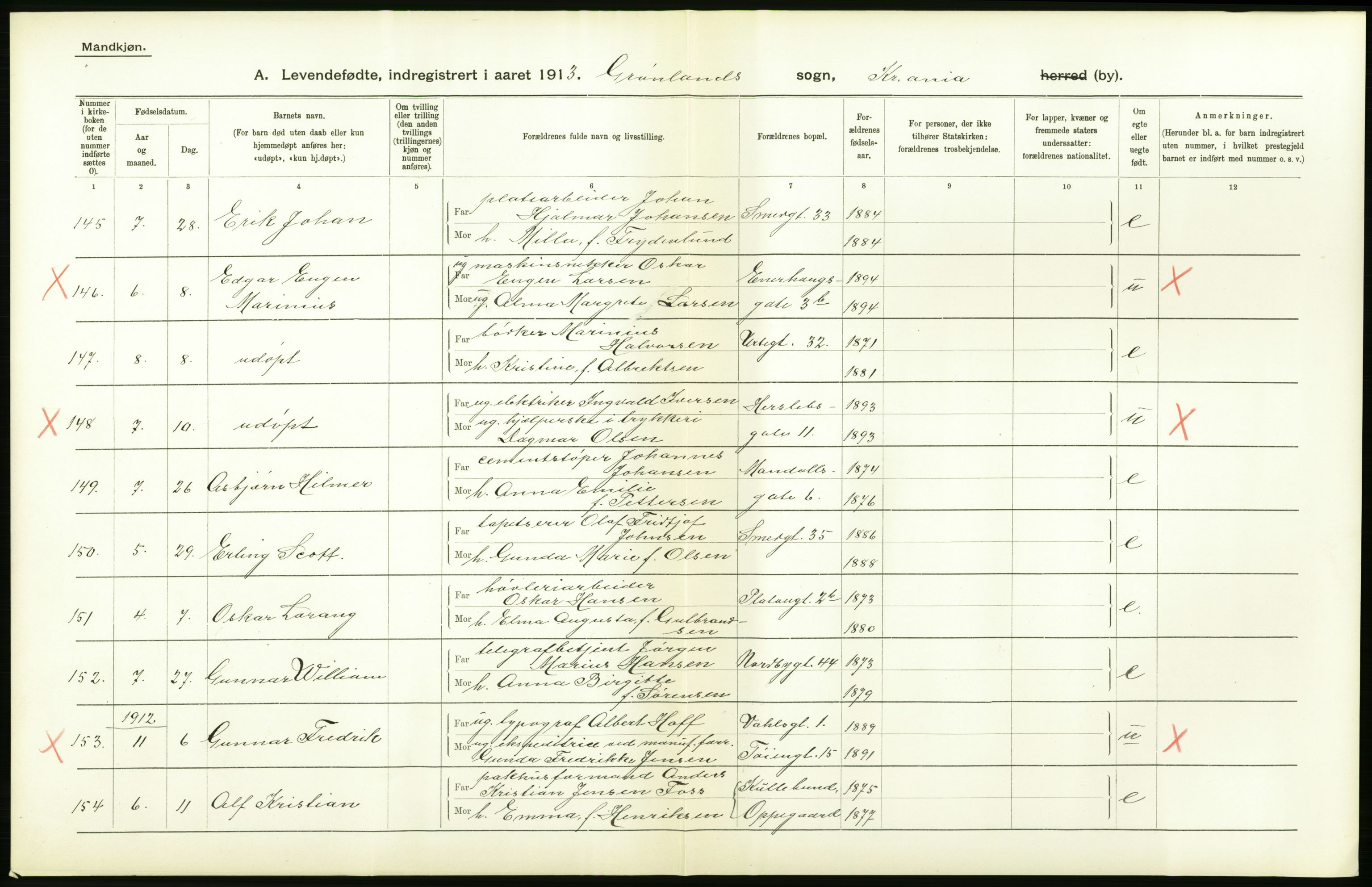 Statistisk sentralbyrå, Sosiodemografiske emner, Befolkning, AV/RA-S-2228/D/Df/Dfb/Dfbc/L0007: Kristiania: Levendefødte menn og kvinner., 1913, p. 616