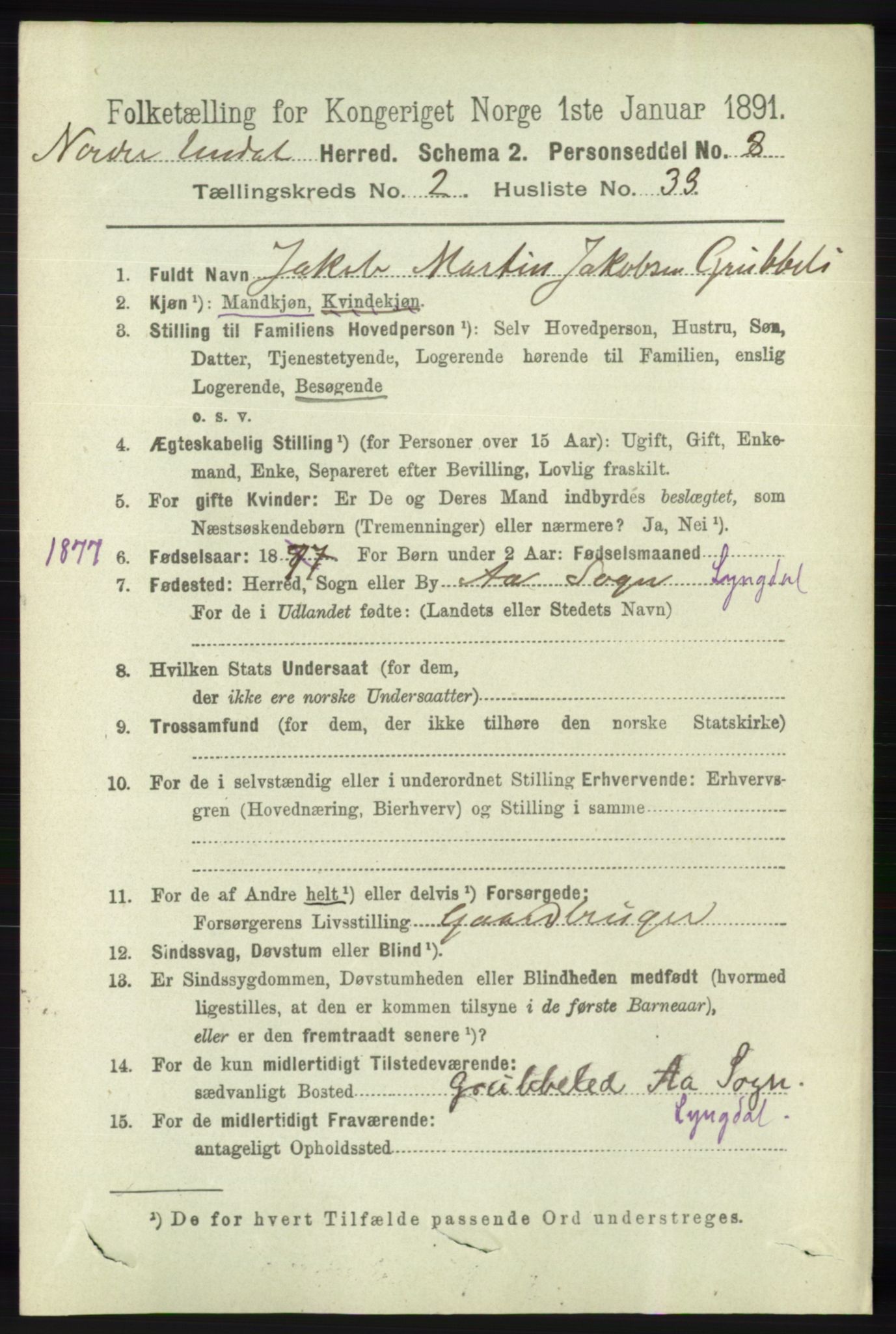 RA, 1891 census for 1028 Nord-Audnedal, 1891, p. 519