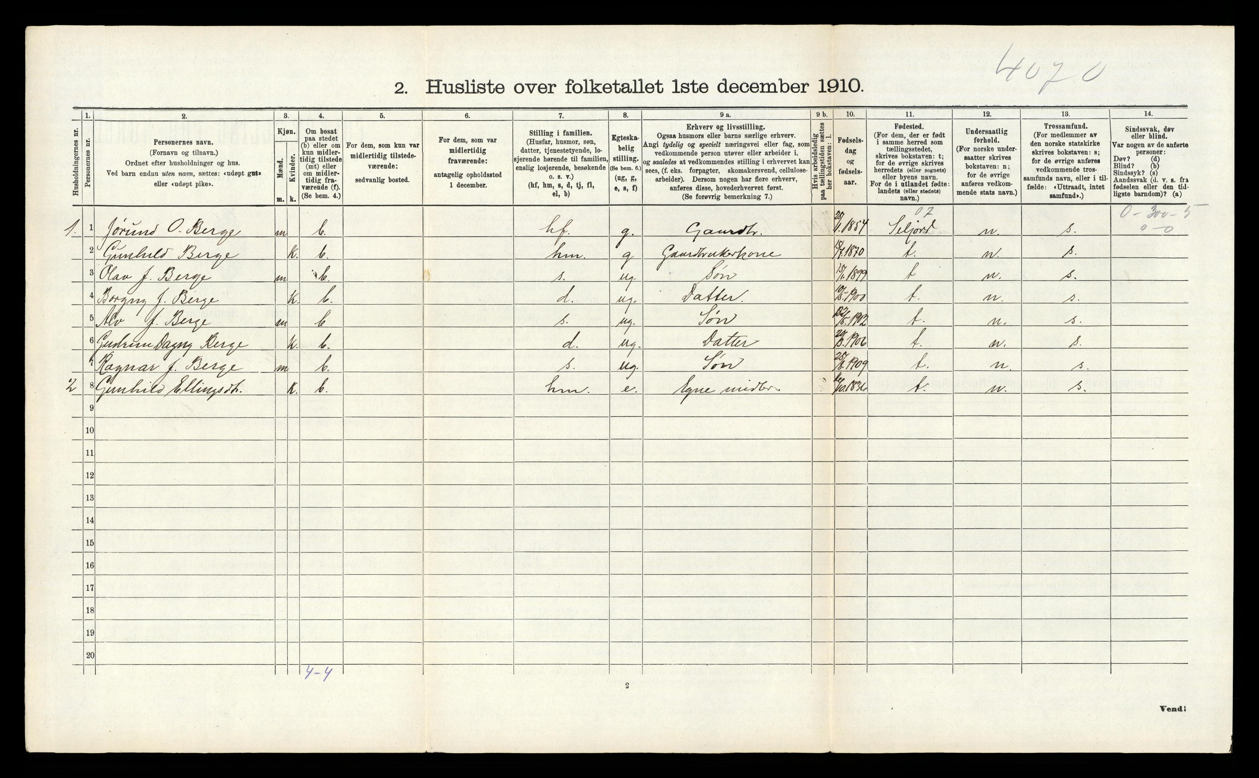 RA, 1910 census for Kviteseid, 1910, p. 343