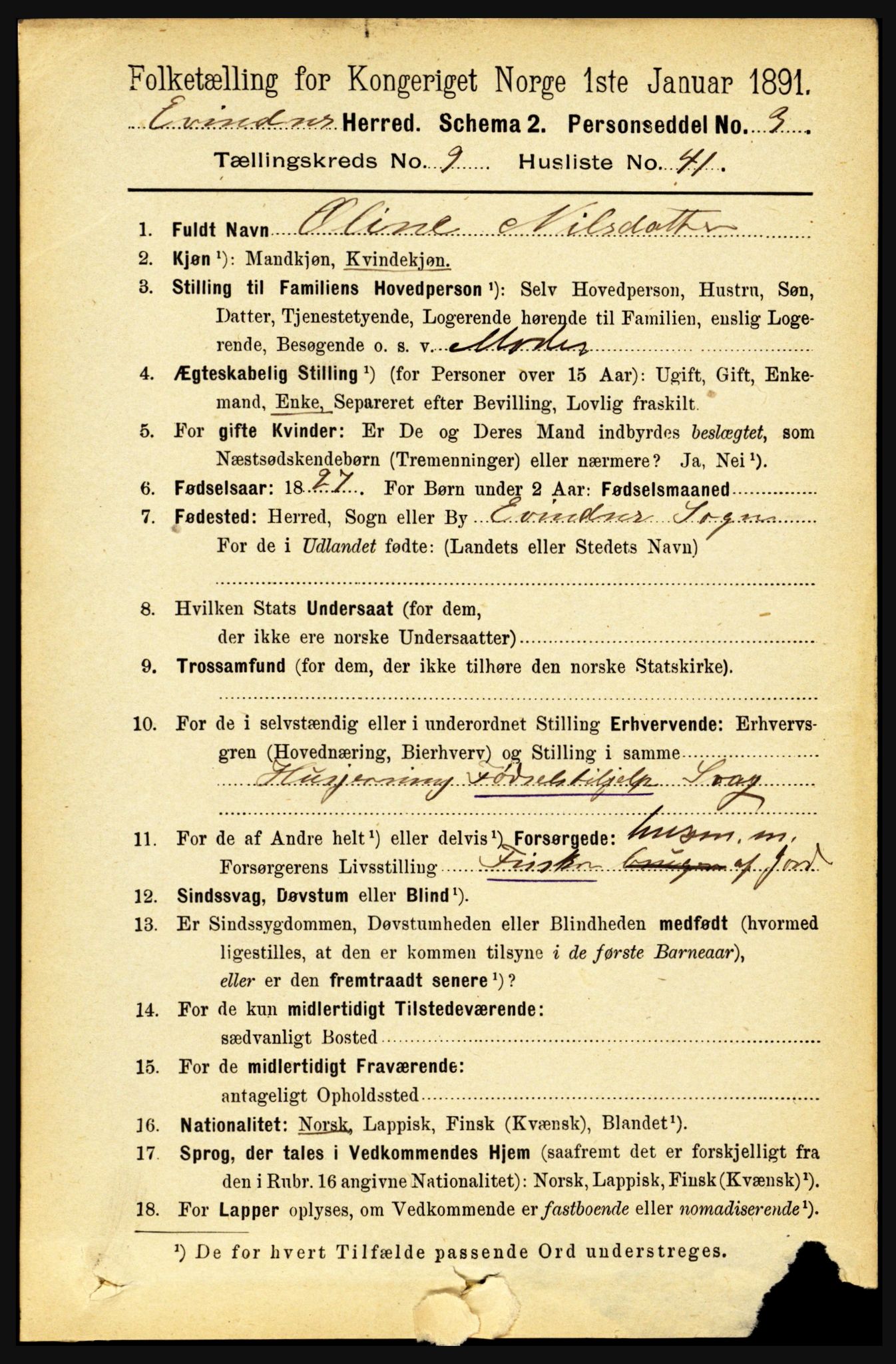 RA, 1891 census for 1853 Evenes, 1891, p. 3086