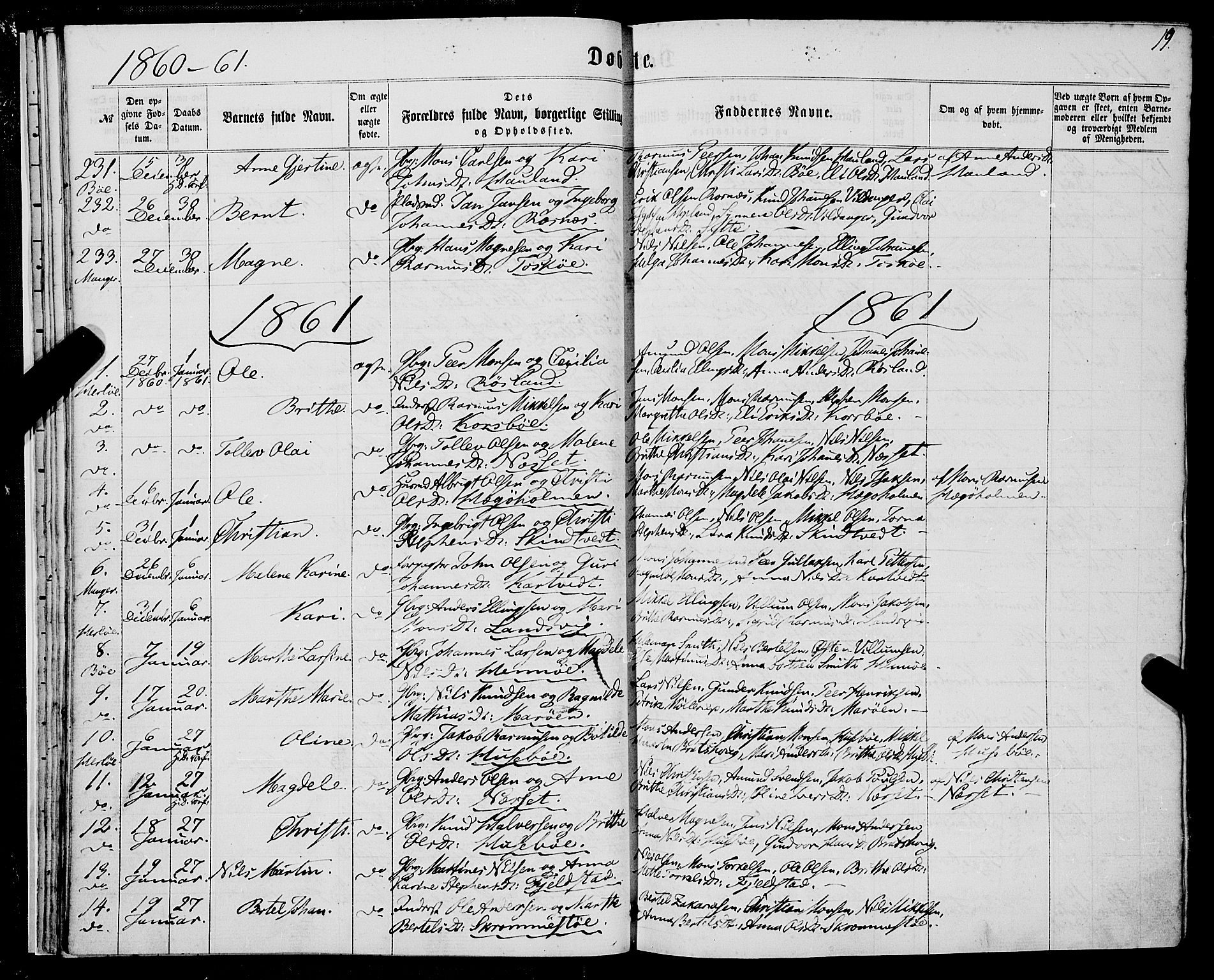 Manger sokneprestembete, SAB/A-76801/H/Haa: Parish register (official) no. A 7, 1860-1870, p. 19