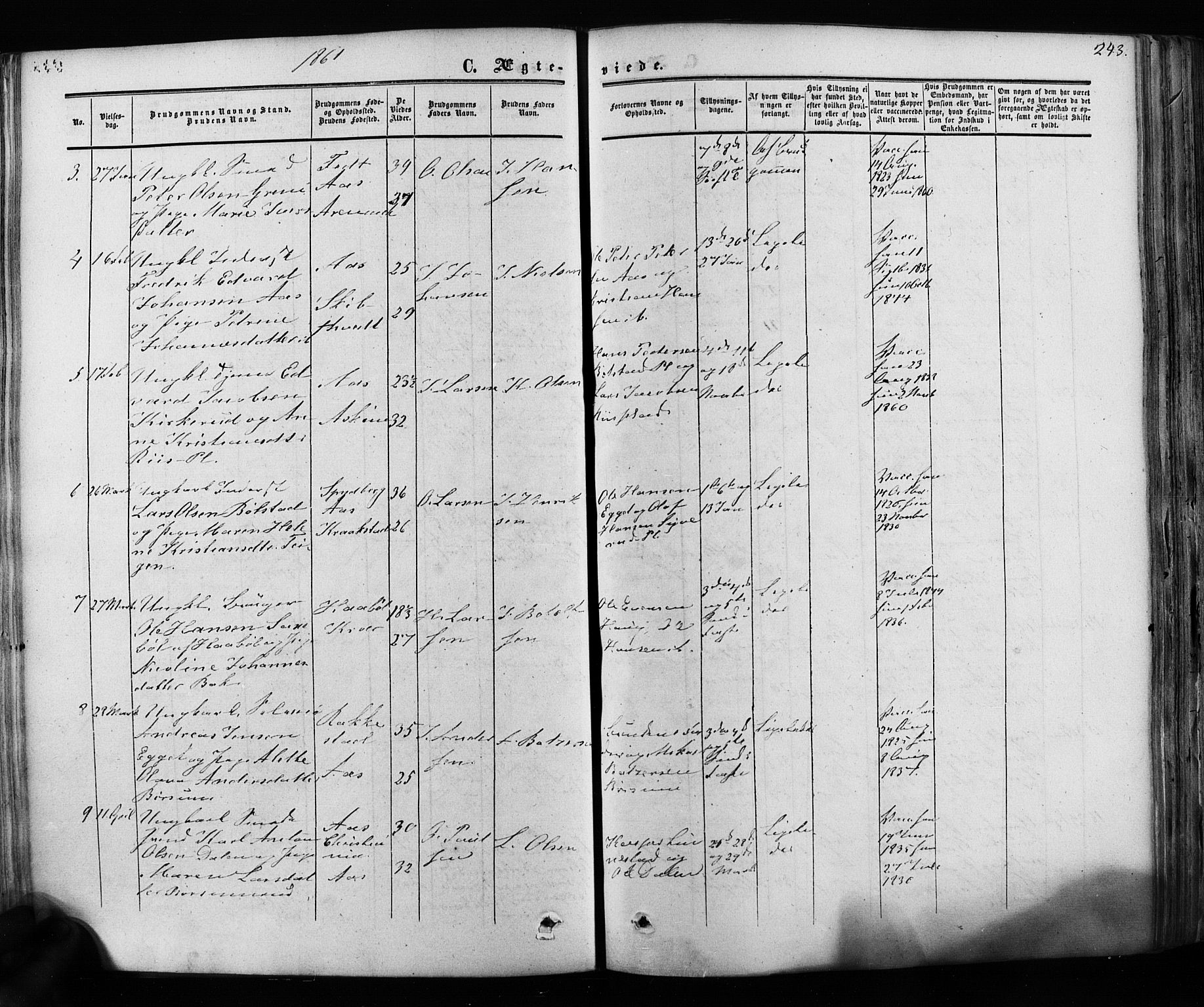 Ås prestekontor Kirkebøker, AV/SAO-A-10894/F/Fa/L0007: Parish register (official) no. I 7, 1854-1870, p. 243