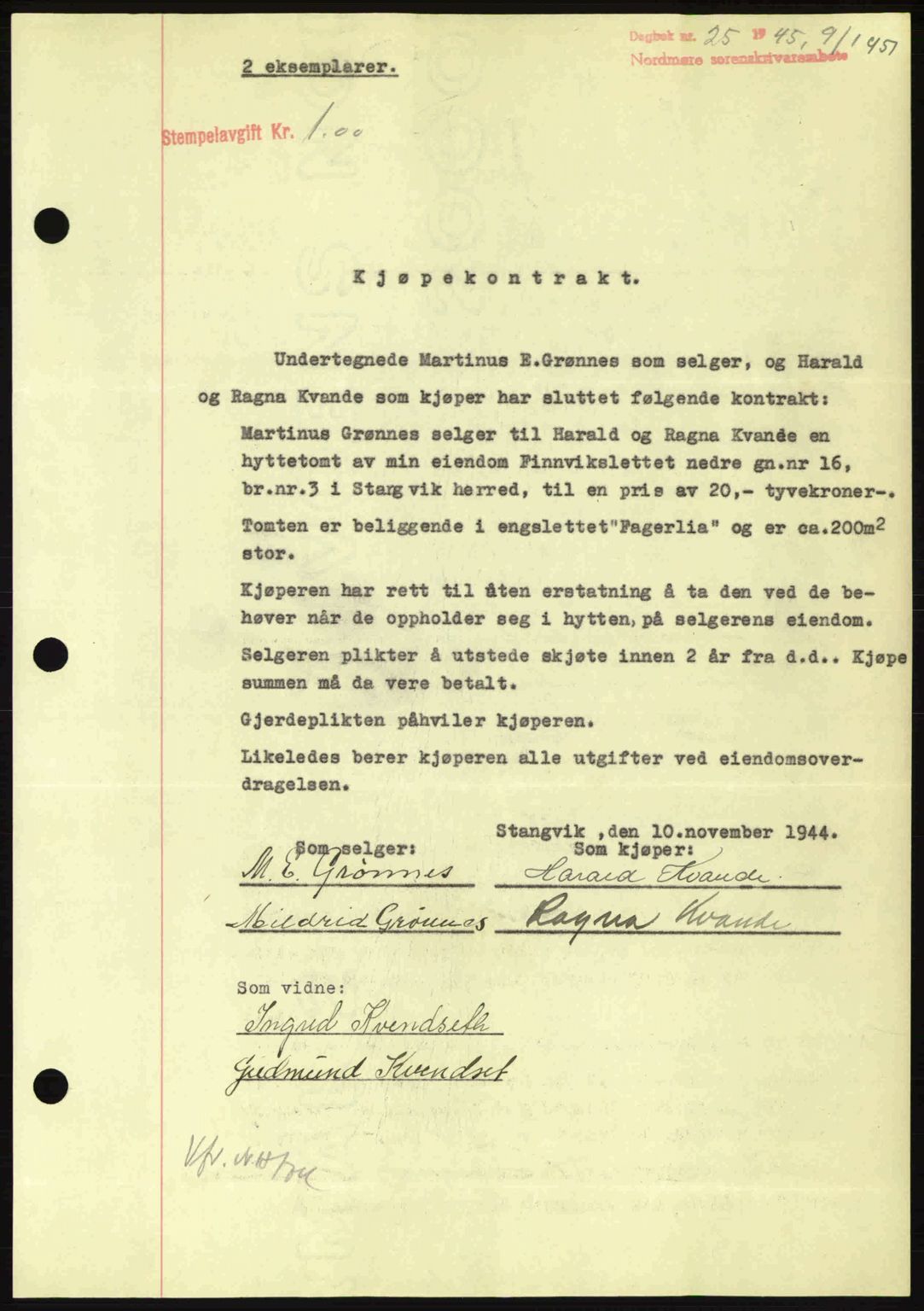 Nordmøre sorenskriveri, AV/SAT-A-4132/1/2/2Ca: Mortgage book no. B92, 1944-1945, Diary no: : 25/1945