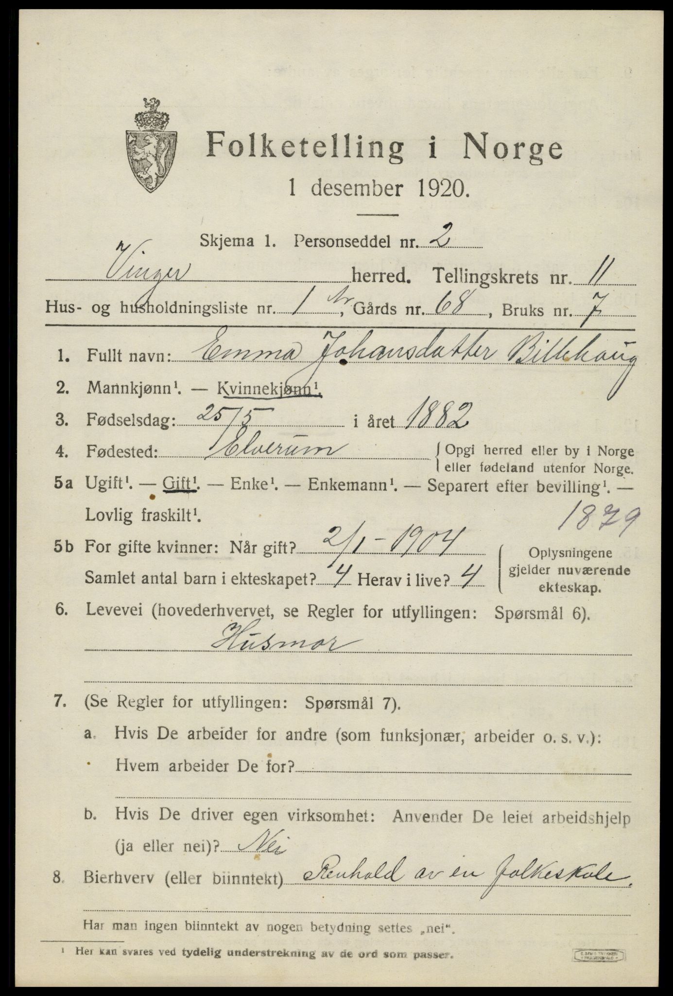 SAH, 1920 census for Vinger, 1920, p. 8920