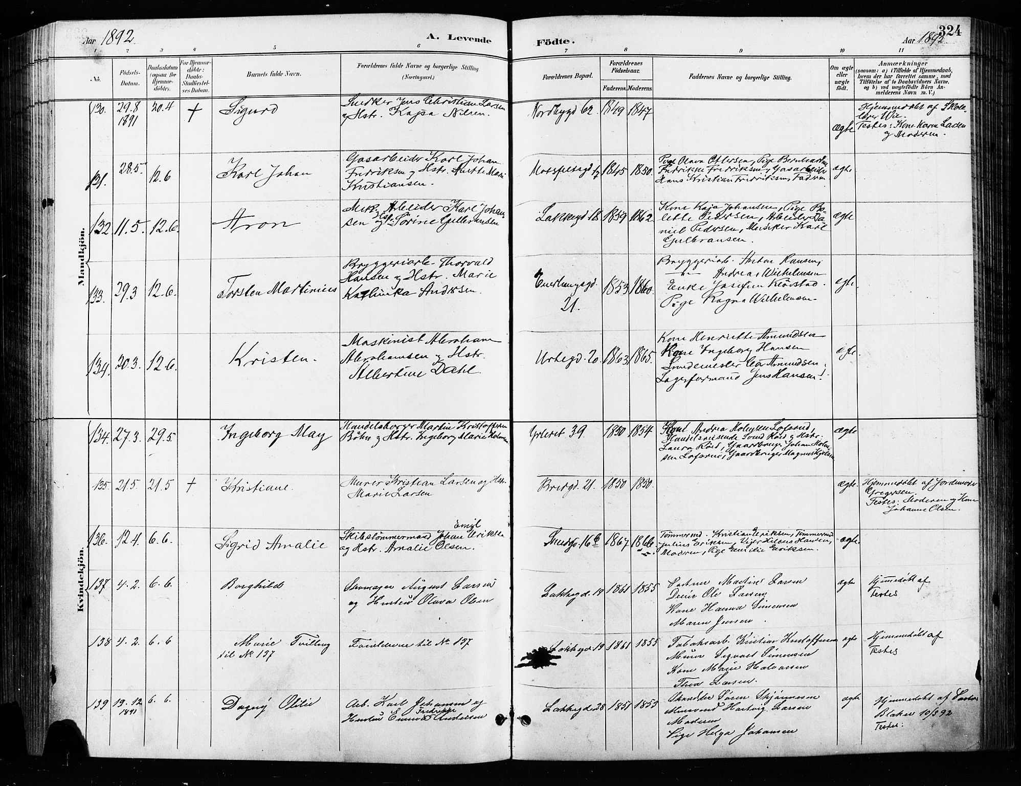 Grønland prestekontor Kirkebøker, AV/SAO-A-10848/F/Fa/L0009: Parish register (official) no. 9, 1888-1893, p. 324