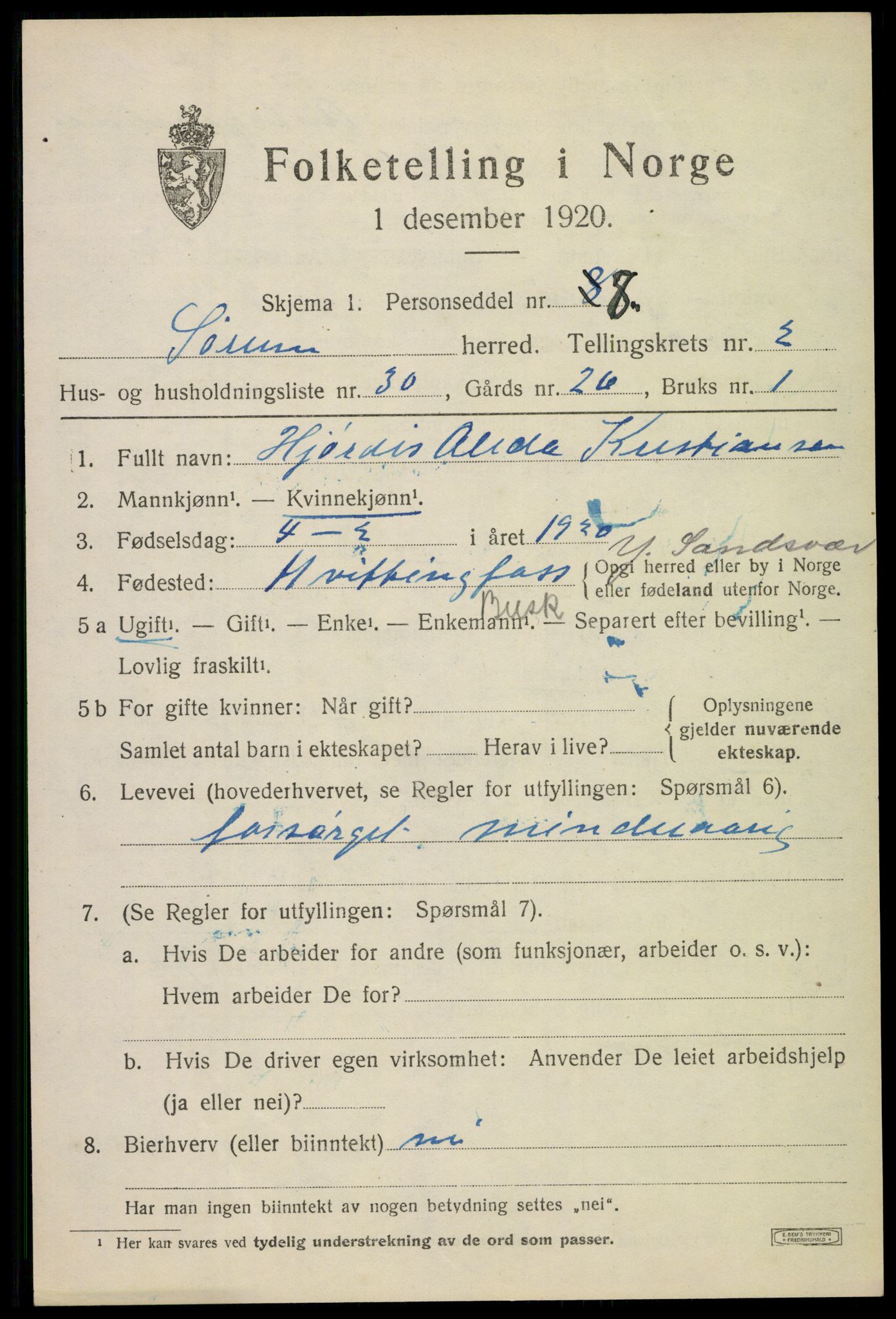 SAO, 1920 census for Sørum, 1920, p. 2103