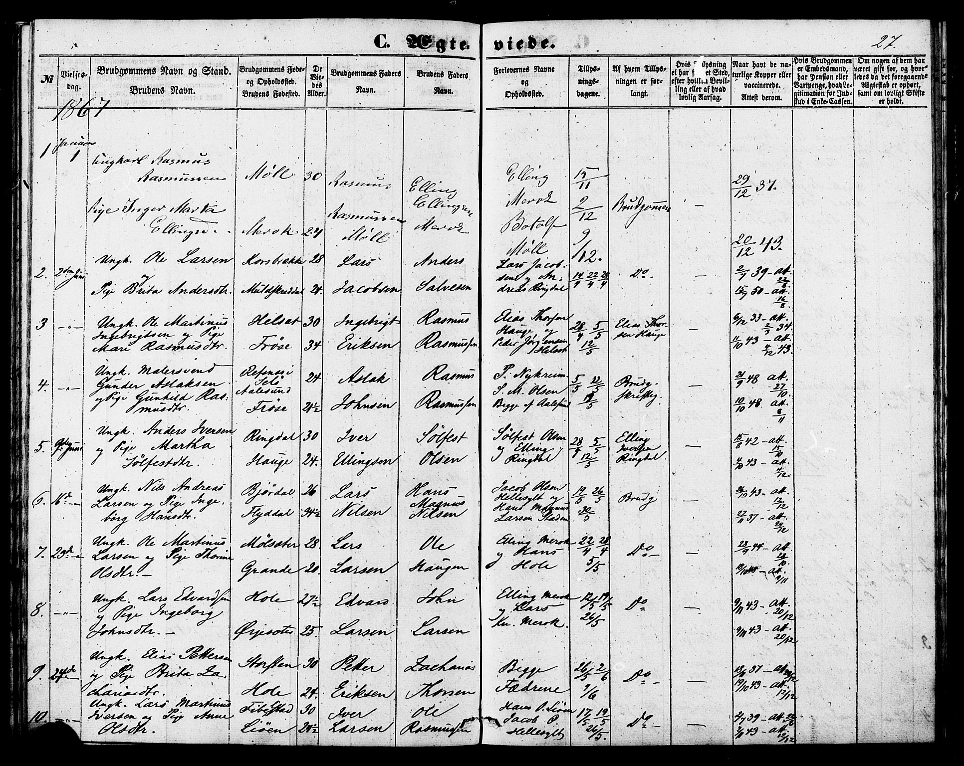 Ministerialprotokoller, klokkerbøker og fødselsregistre - Møre og Romsdal, SAT/A-1454/517/L0224: Parish register (official) no. 517A04, 1853-1880, p. 27
