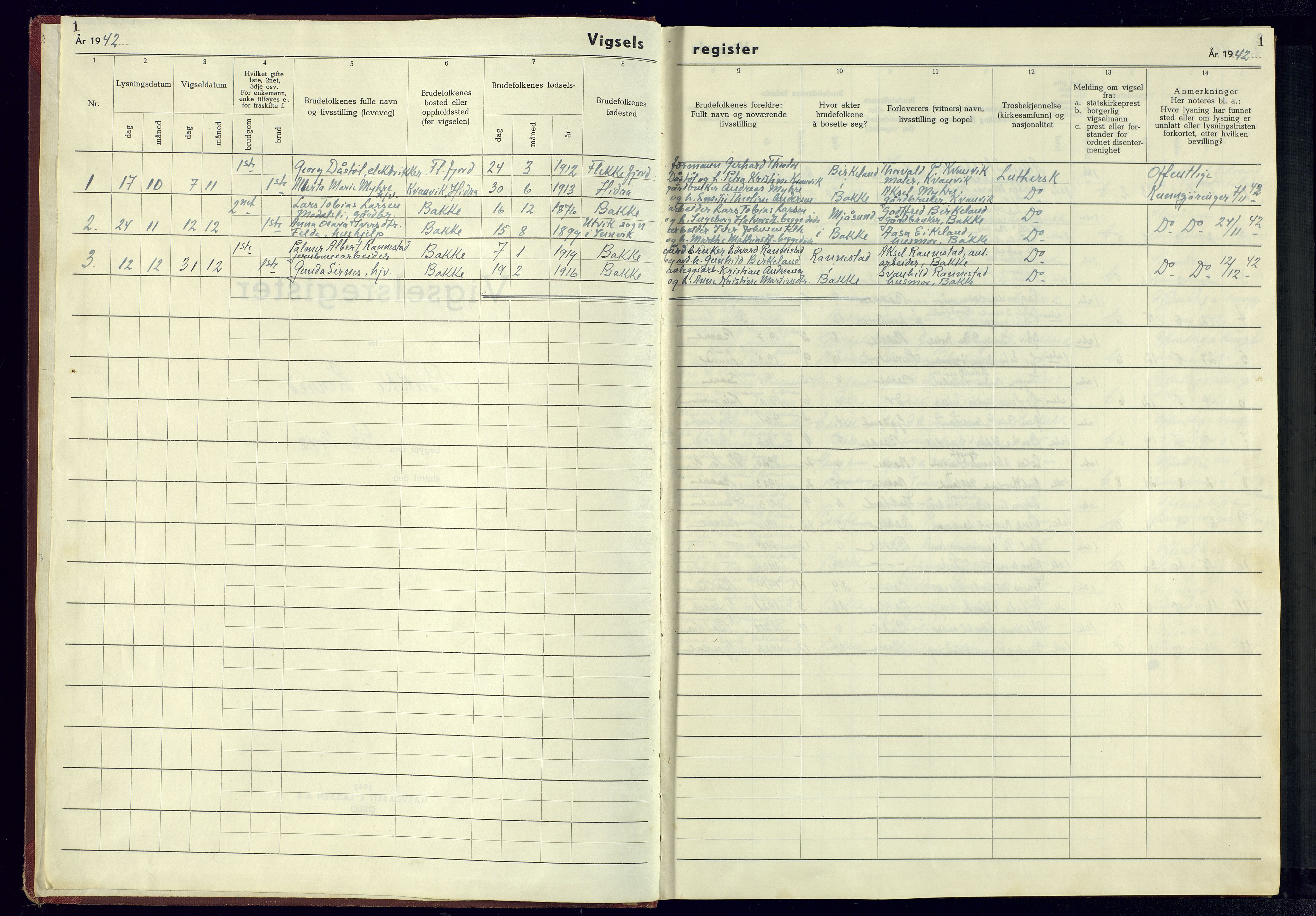 Bakke sokneprestkontor, SAK/1111-0002/J/Jb/L0005: Marriage register no. A-VI-16, 1942-1945, p. 1