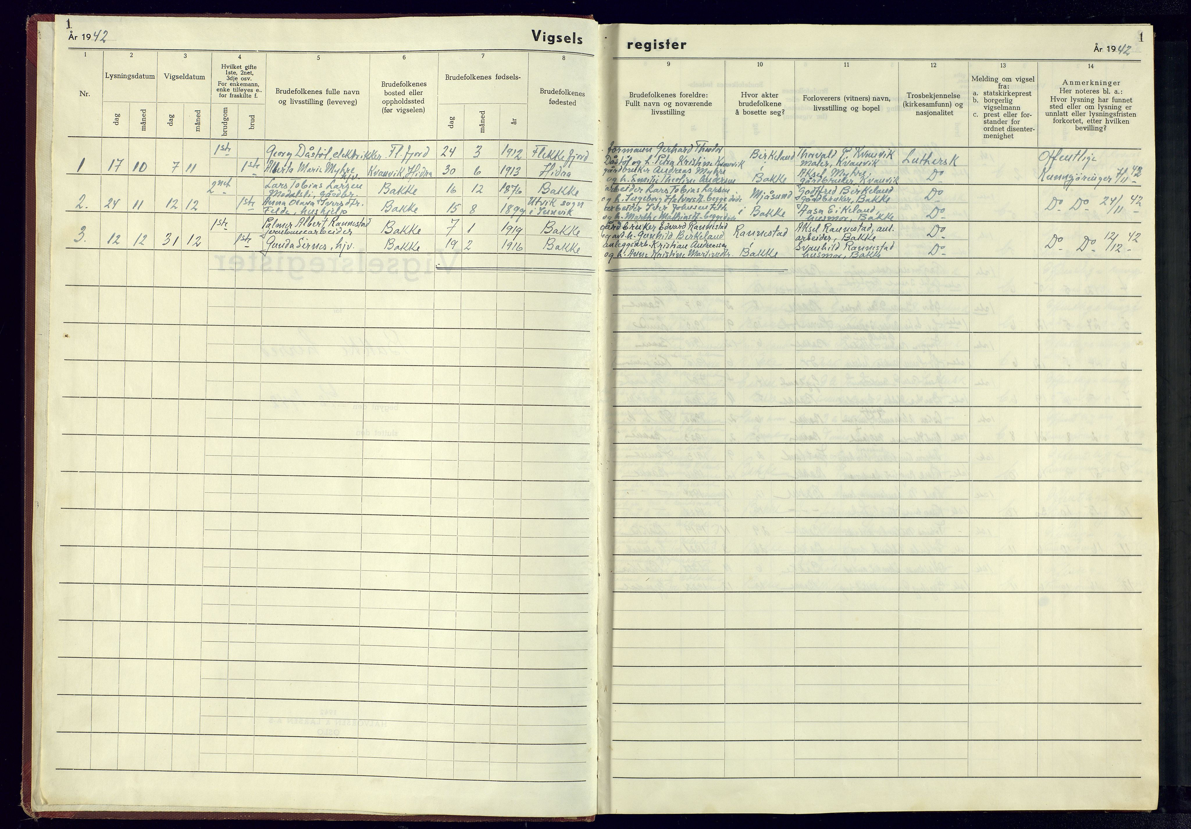 Bakke sokneprestkontor, AV/SAK-1111-0002/J/Jb/L0005: Marriage register no. A-VI-16, 1942-1945, p. 1