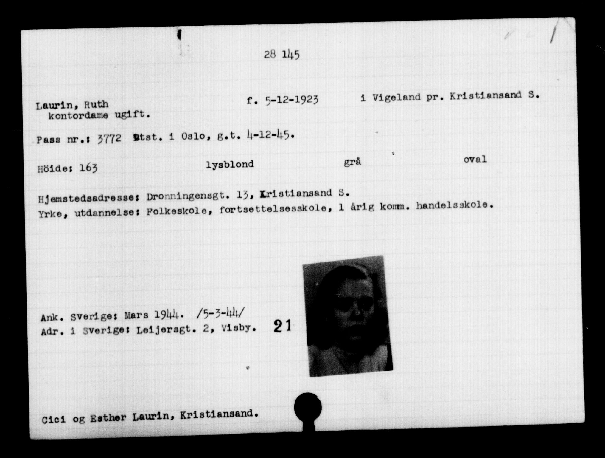 Utenriksstasjonene, Legasjonen i Stockholm, Flyktningkontoret, AV/RA-S-6753/V/Va/L0011: Kjesäterkartoteket, flyktninger med registreringsnr. 25300-28349, 1940-1945, p. 3027
