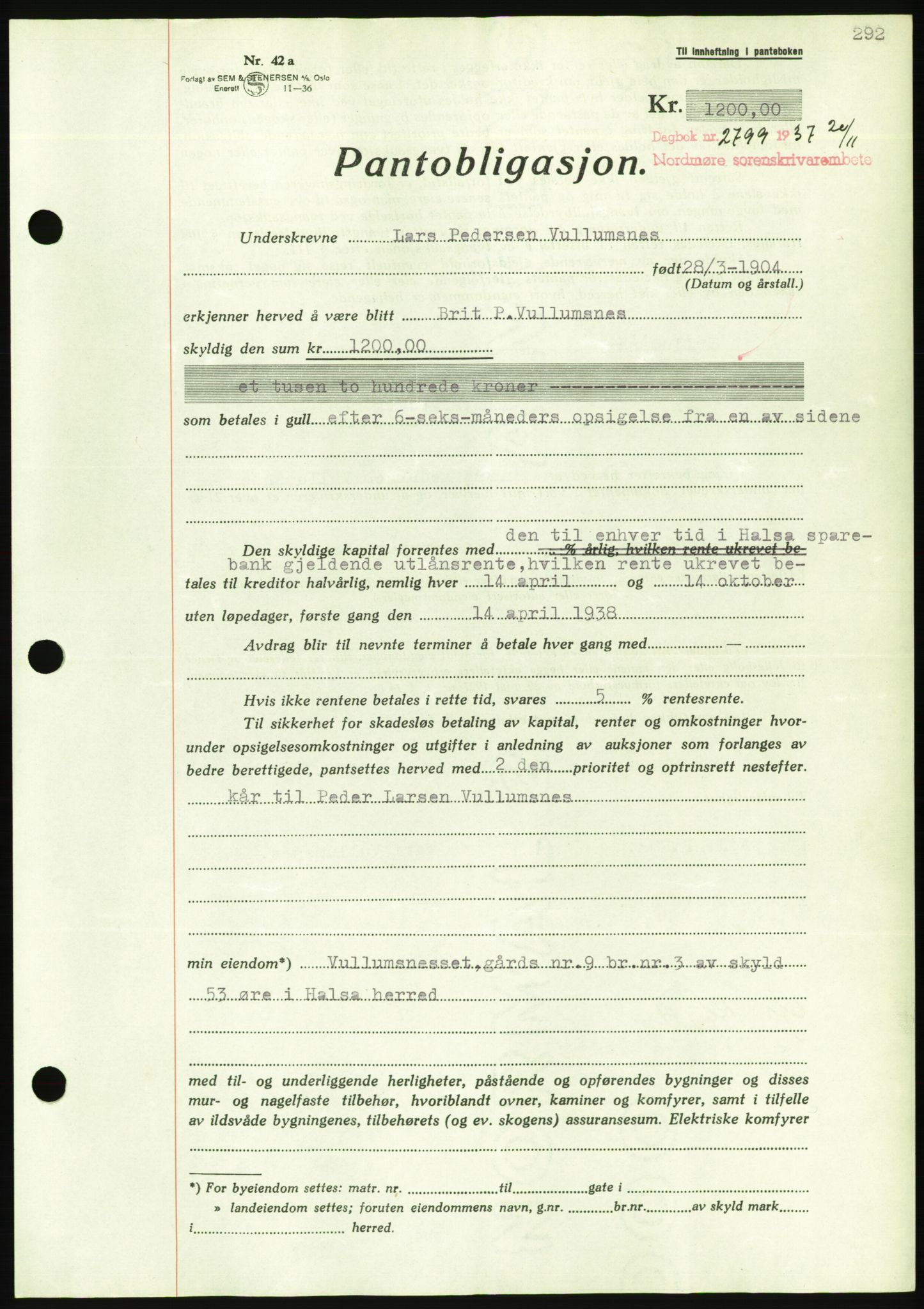 Nordmøre sorenskriveri, AV/SAT-A-4132/1/2/2Ca/L0092: Mortgage book no. B82, 1937-1938, Diary no: : 2799/1937