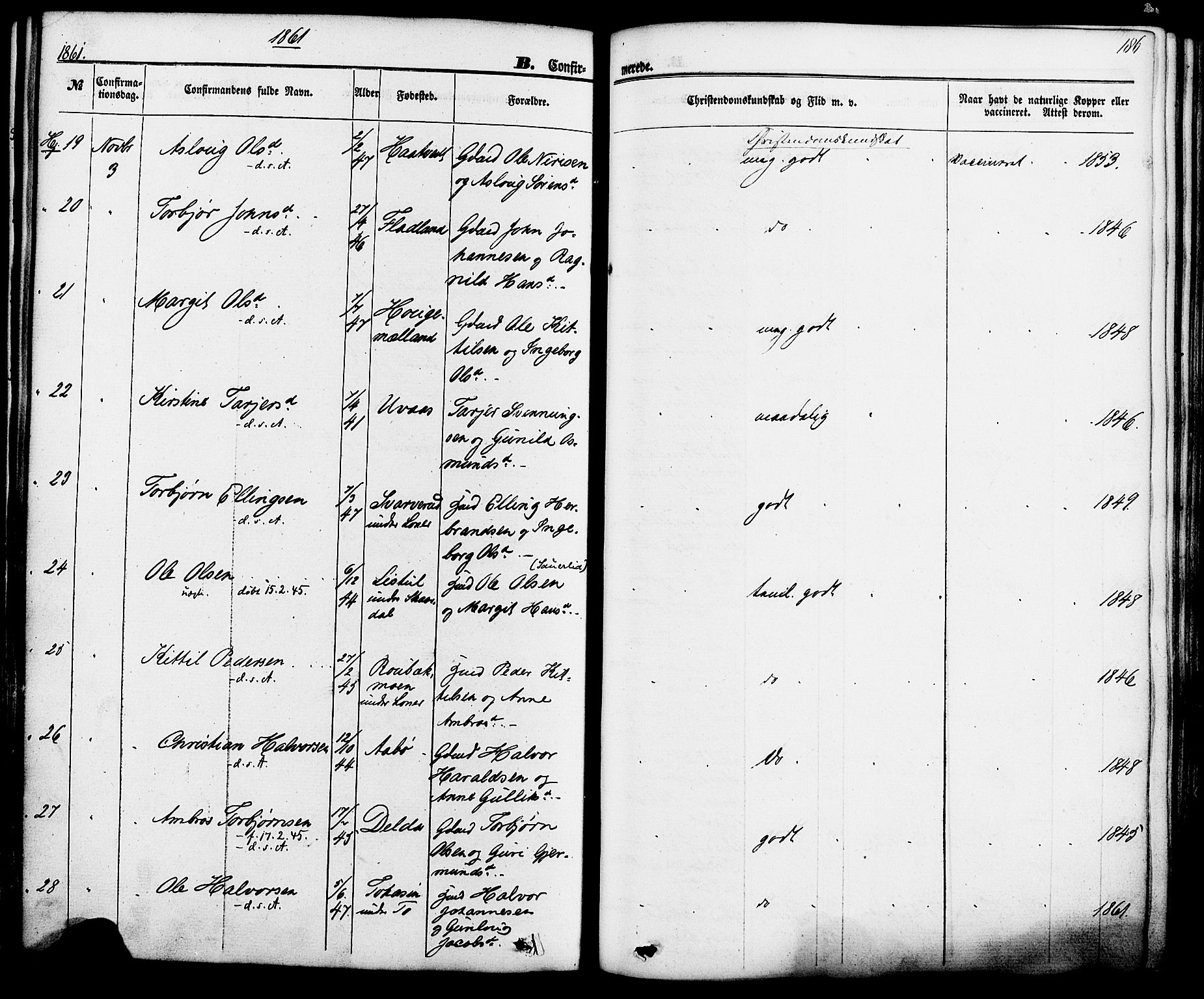 Hjartdal kirkebøker, SAKO/A-270/F/Fa/L0009: Parish register (official) no. I 9, 1860-1879, p. 186