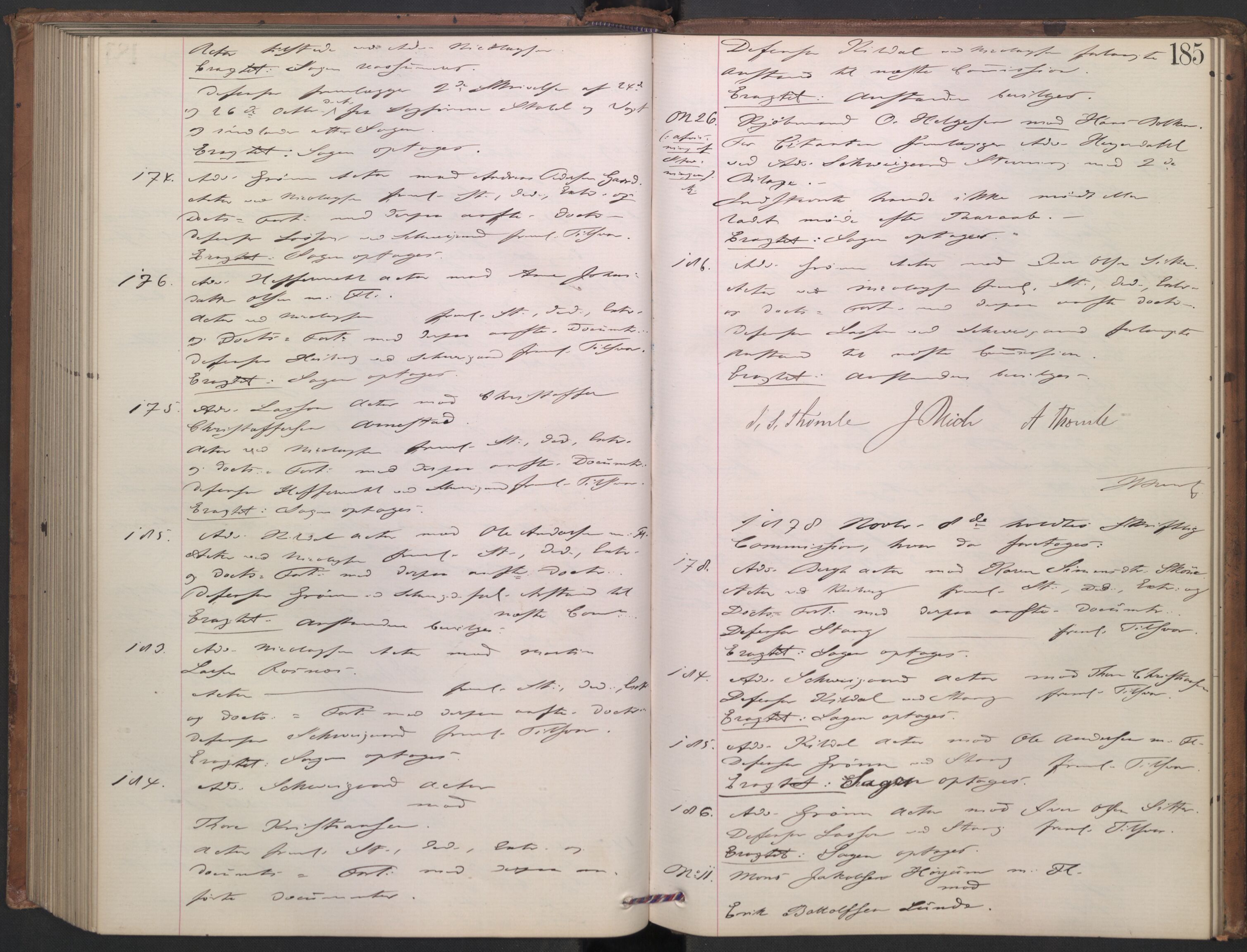 Høyesterett, AV/RA-S-1002/E/Ef/L0013: Protokoll over saker som gikk til skriftlig behandling, 1873-1879, p. 184b-185a