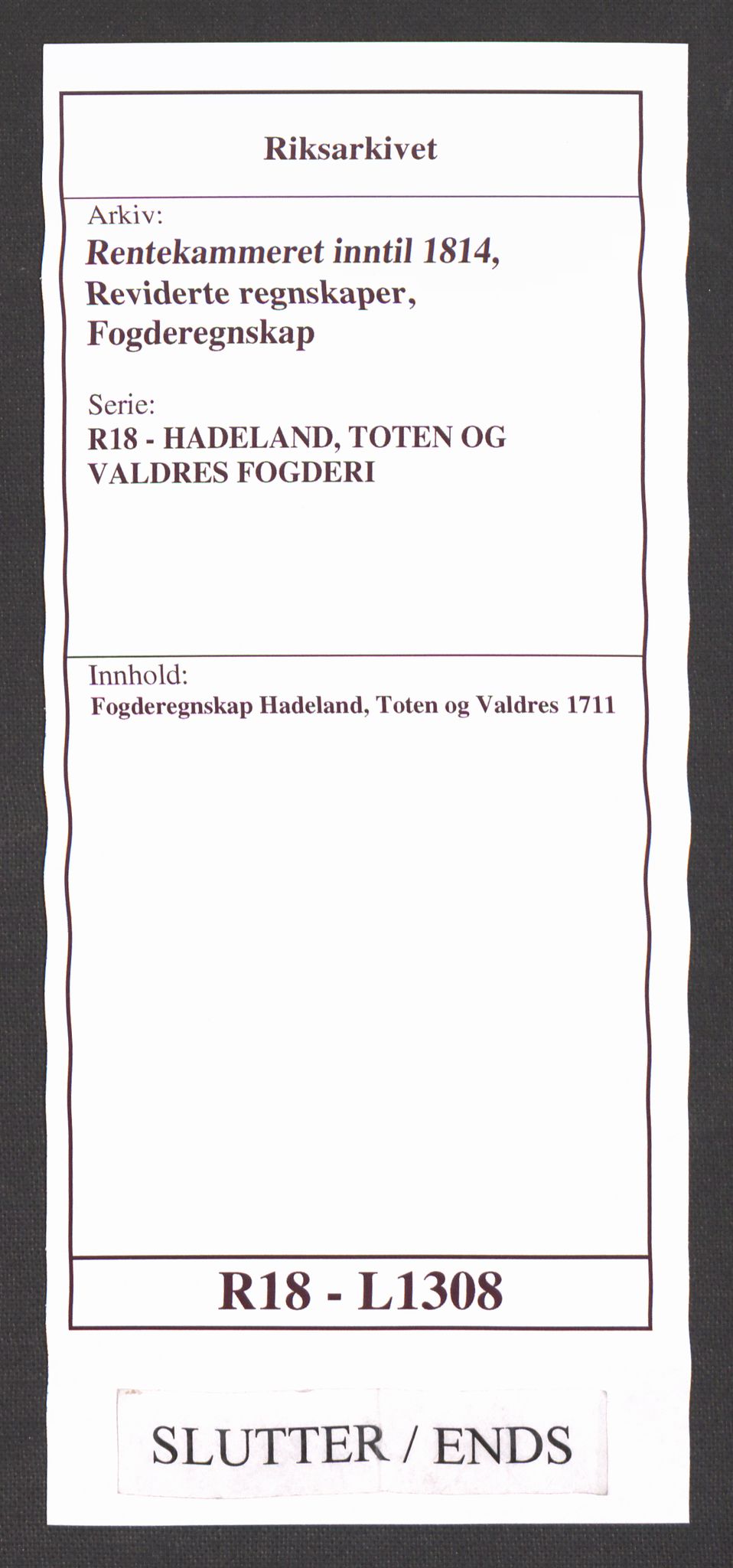 Rentekammeret inntil 1814, Reviderte regnskaper, Fogderegnskap, AV/RA-EA-4092/R18/L1308: Fogderegnskap Hadeland, Toten og Valdres, 1711, p. 489