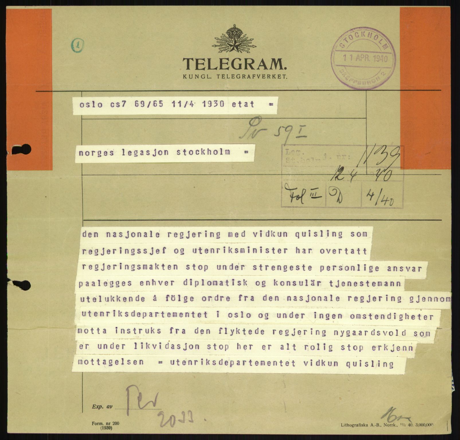 Utenriksstasjonene, Legasjonen/Ambassaden i Stockholm, AV/RA-S-1725/1/D/Da/L0072/0004: Krigen 1939 / Fol IIID 04/40 Quisling-regjeringen, 1940-1946