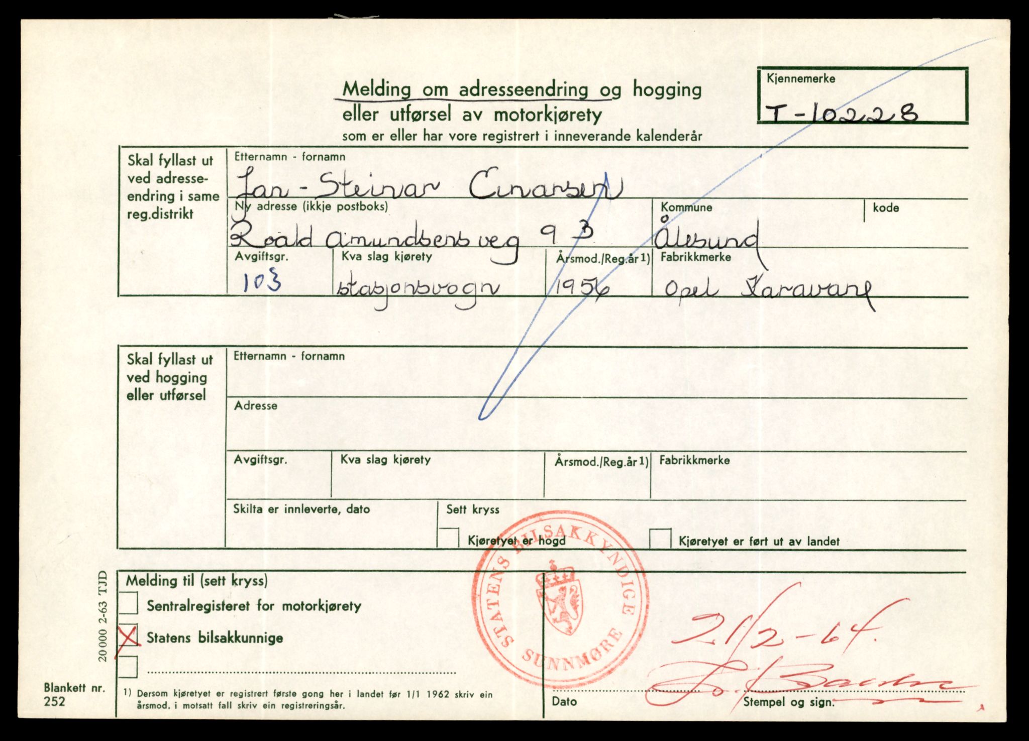 Møre og Romsdal vegkontor - Ålesund trafikkstasjon, AV/SAT-A-4099/F/Fe/L0019: Registreringskort for kjøretøy T 10228 - T 10350, 1927-1998, p. 21