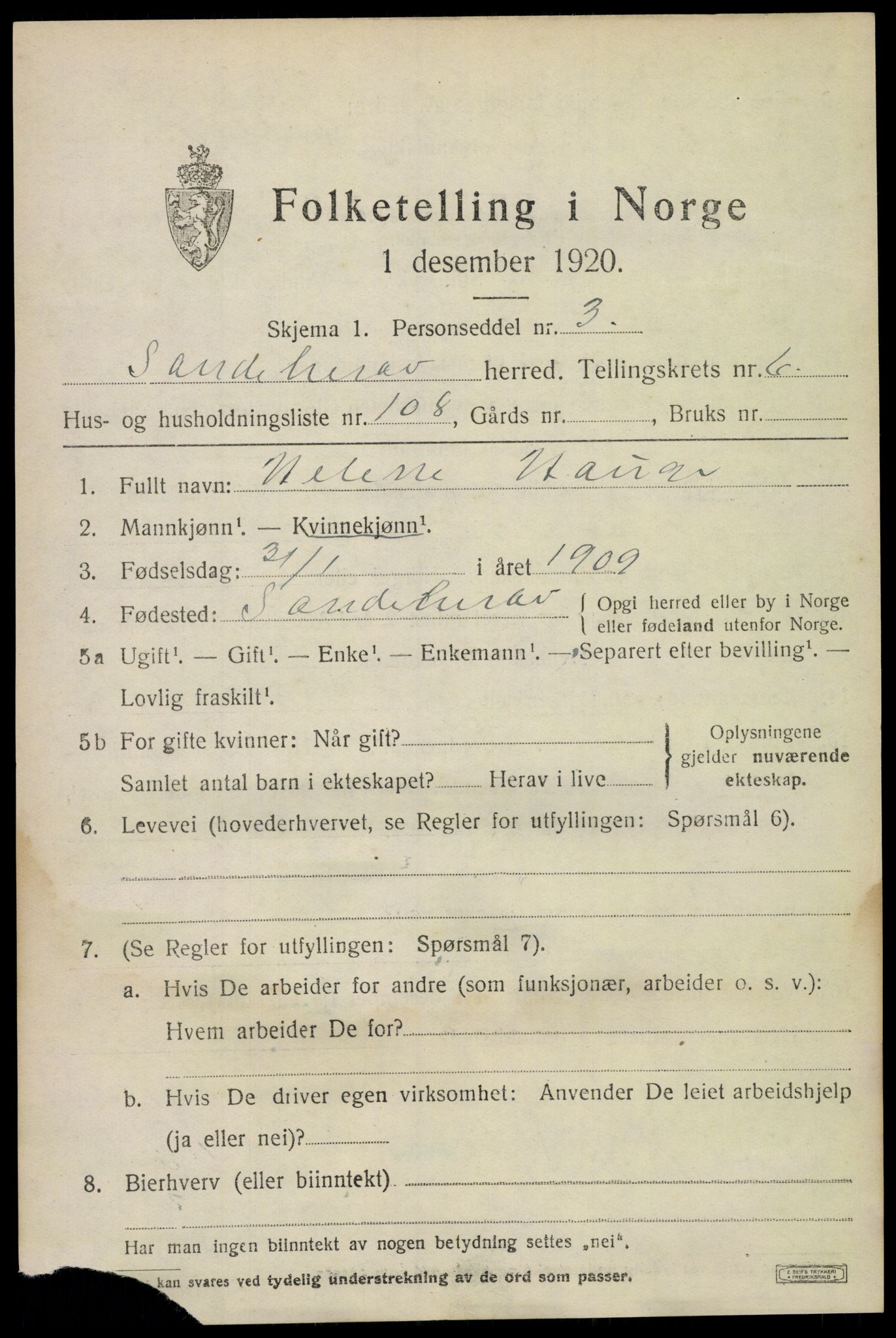 SAKO, 1920 census for Sandeherred, 1920, p. 11056