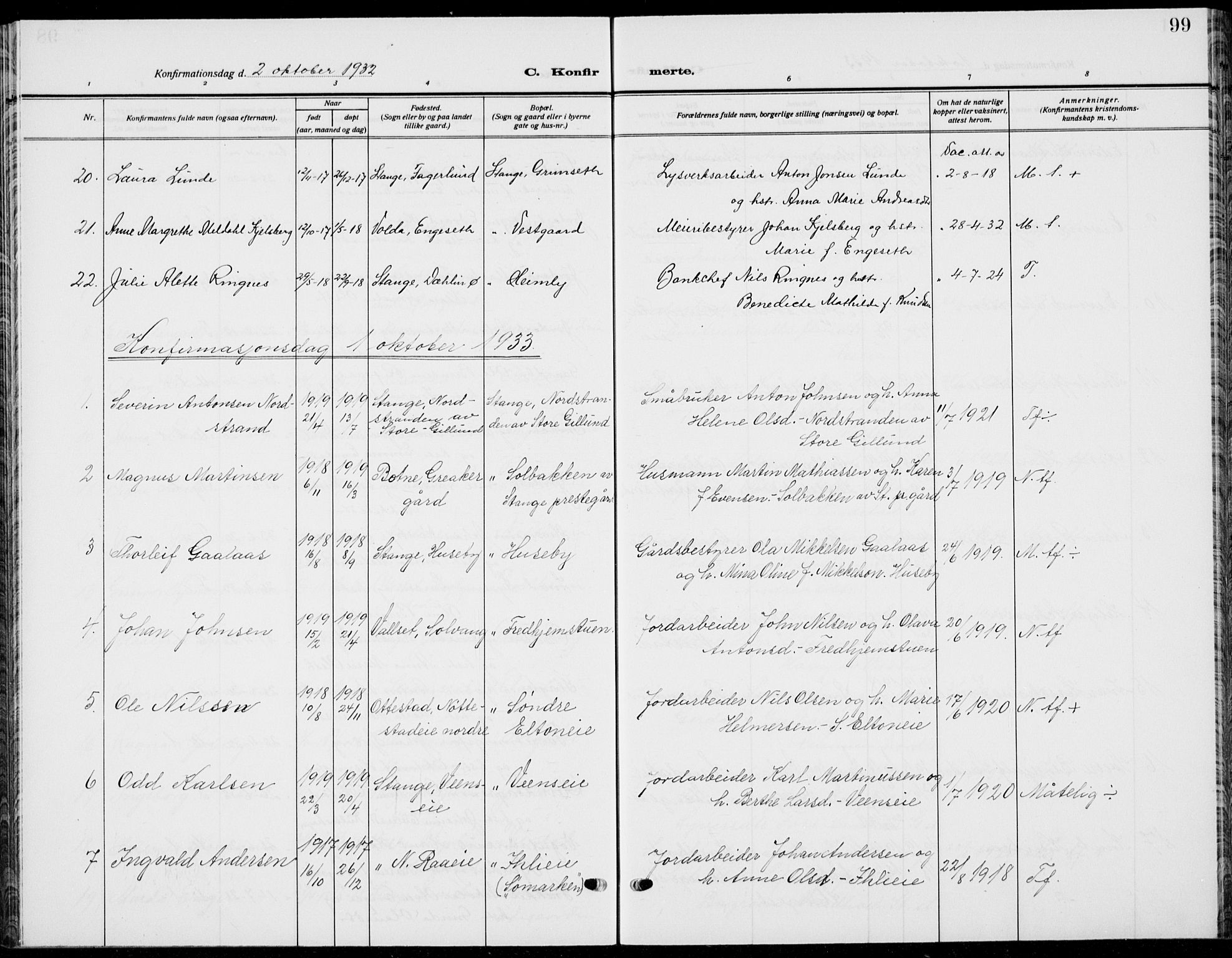 Stange prestekontor, AV/SAH-PREST-002/L/L0018: Parish register (copy) no. 18, 1929-1937, p. 99