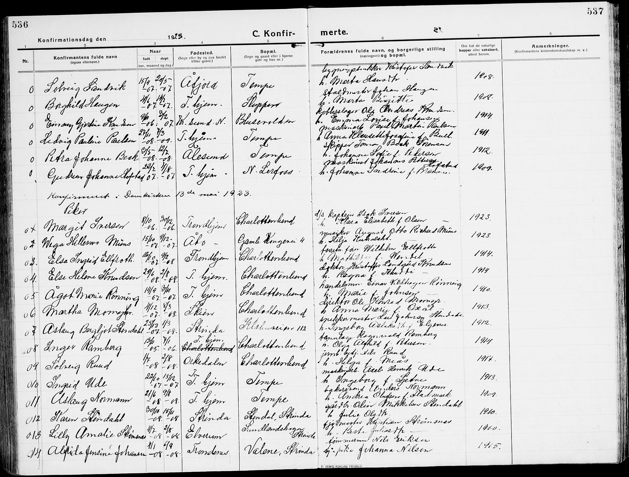 Ministerialprotokoller, klokkerbøker og fødselsregistre - Sør-Trøndelag, SAT/A-1456/607/L0321: Parish register (official) no. 607A05, 1916-1935, p. 536-537