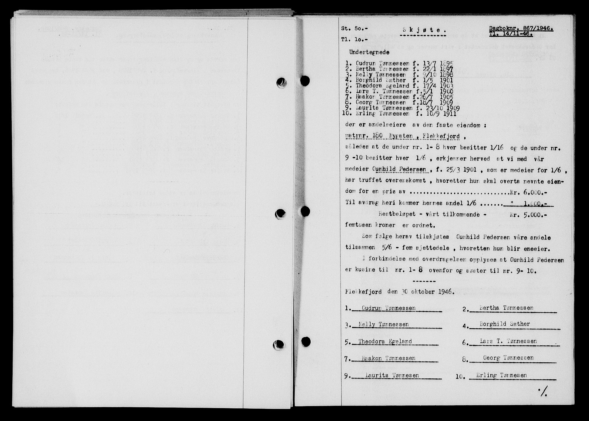 Flekkefjord sorenskriveri, SAK/1221-0001/G/Gb/Gba/L0061: Mortgage book no. A-9, 1946-1947, Diary no: : 867/1946