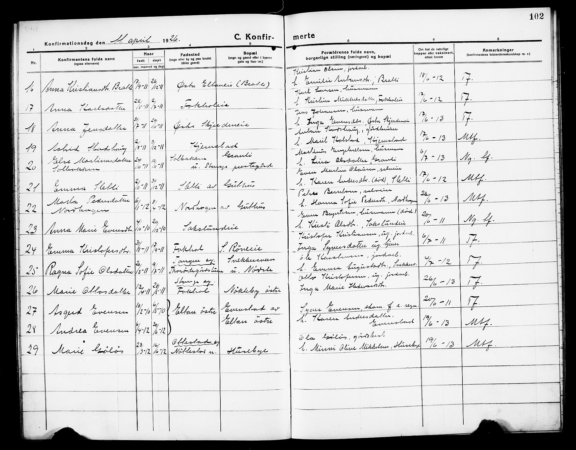 Stange prestekontor, AV/SAH-PREST-002/L/L0016: Parish register (copy) no. 16, 1918-1928, p. 102