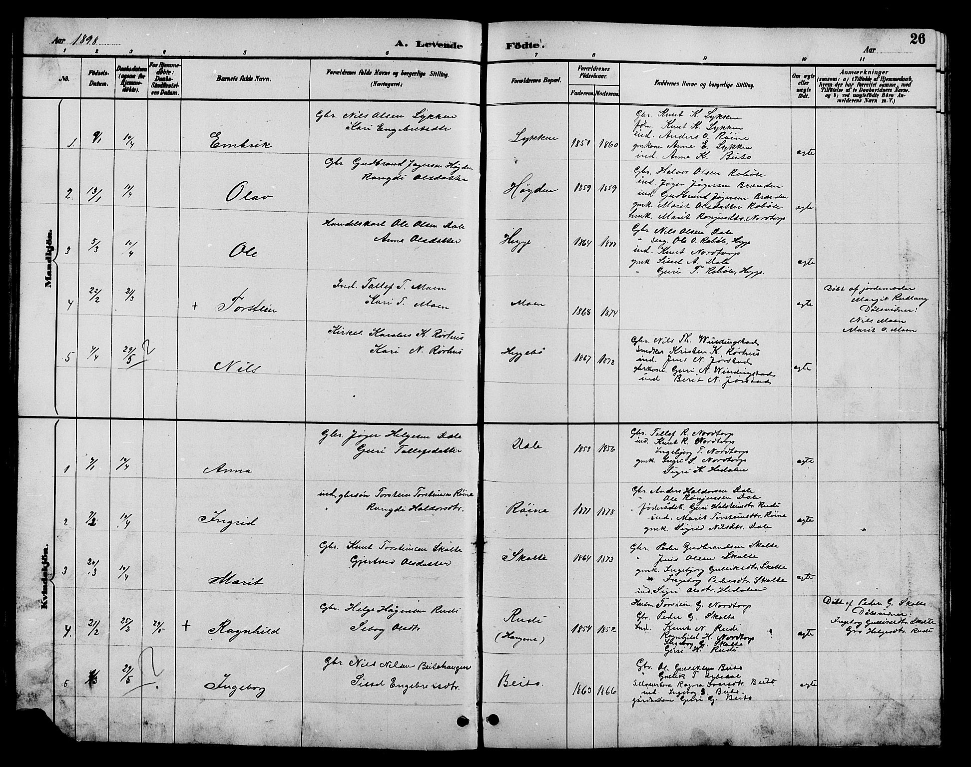 Øystre Slidre prestekontor, AV/SAH-PREST-138/H/Ha/Hab/L0004: Parish register (copy) no. 4, 1887-1907, p. 26