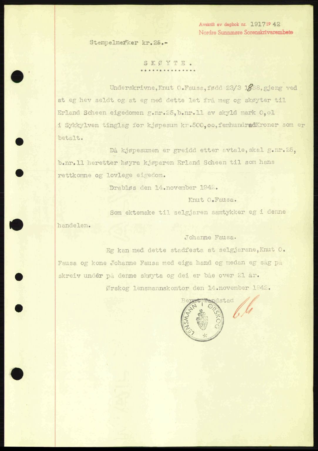 Nordre Sunnmøre sorenskriveri, AV/SAT-A-0006/1/2/2C/2Ca: Mortgage book no. A15, 1942-1943, Diary no: : 1917/1942