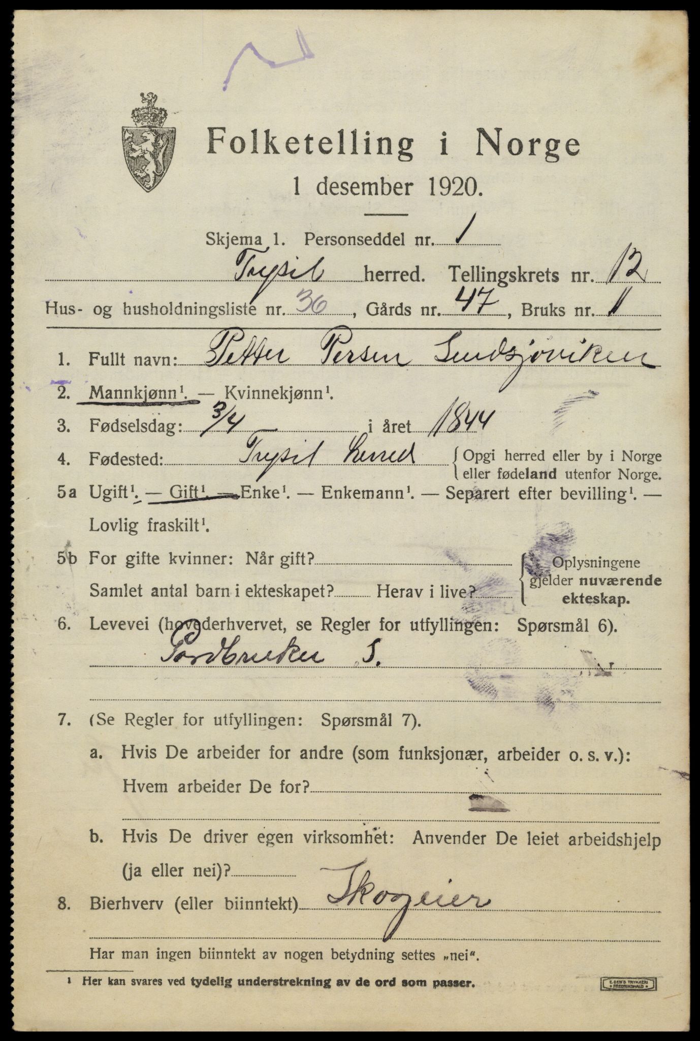 SAH, 1920 census for Trysil, 1920, p. 7587