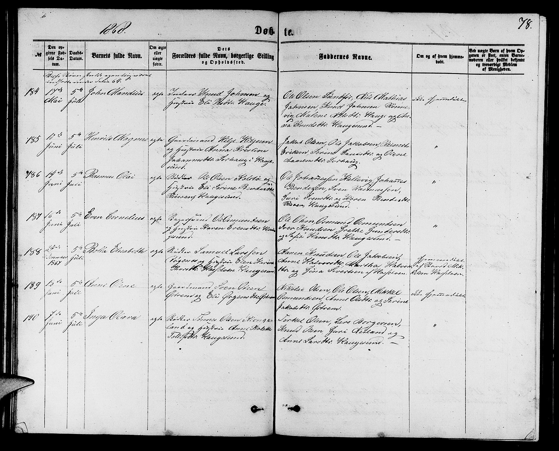 Torvastad sokneprestkontor, AV/SAST-A -101857/H/Ha/Hab/L0007: Parish register (copy) no. B 7, 1866-1873, p. 78