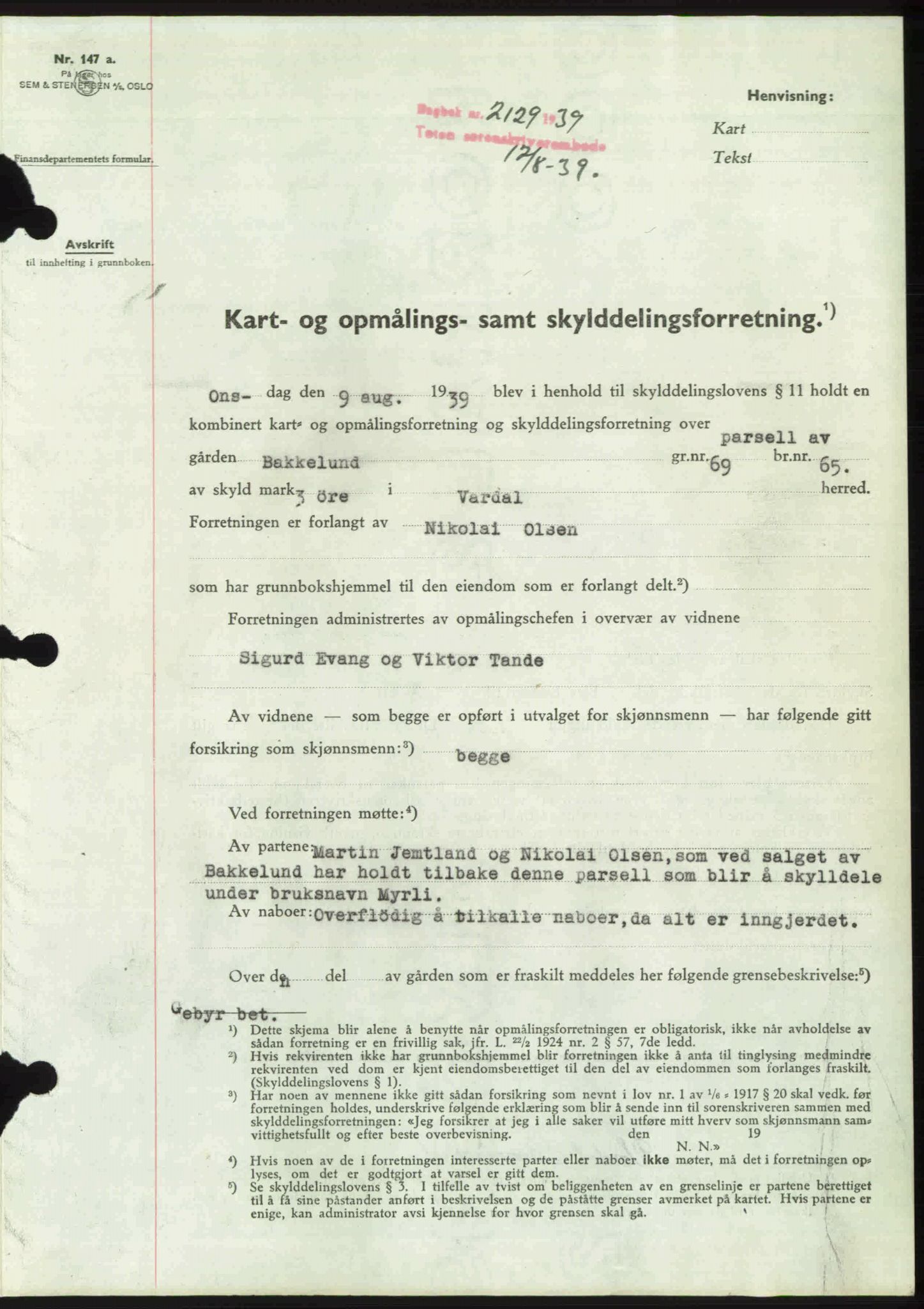 Toten tingrett, SAH/TING-006/H/Hb/Hbc/L0006: Mortgage book no. Hbc-06, 1939-1939, Diary no: : 2129/1939