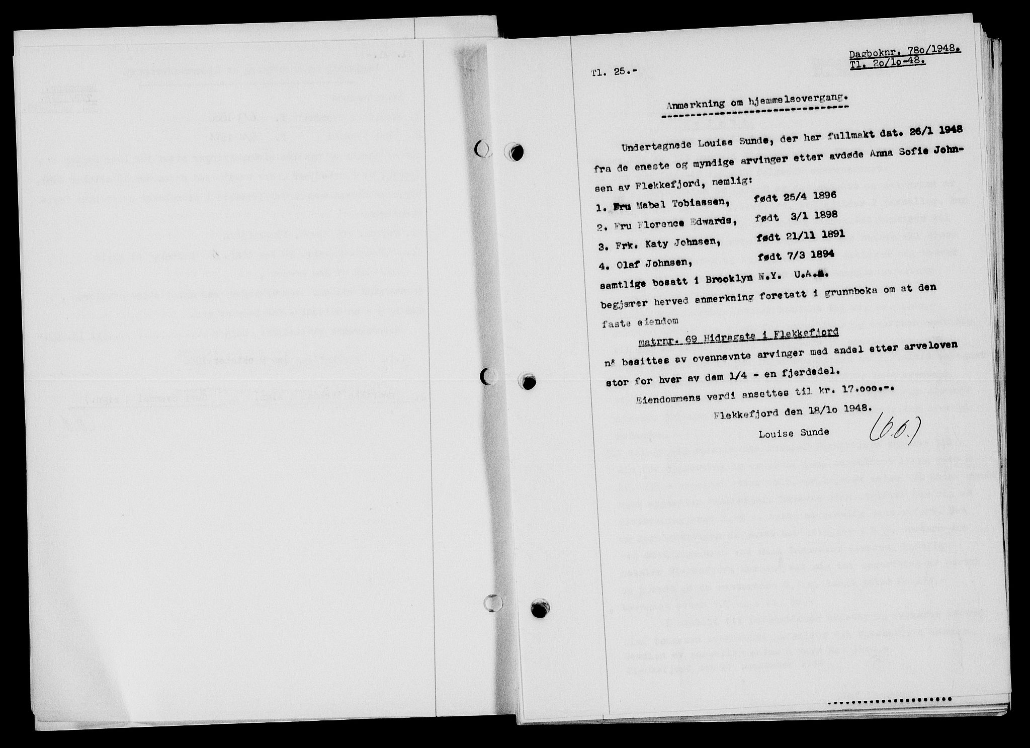 Flekkefjord sorenskriveri, SAK/1221-0001/G/Gb/Gba/L0064: Mortgage book no. A-12, 1948-1949, Diary no: : 780/1948