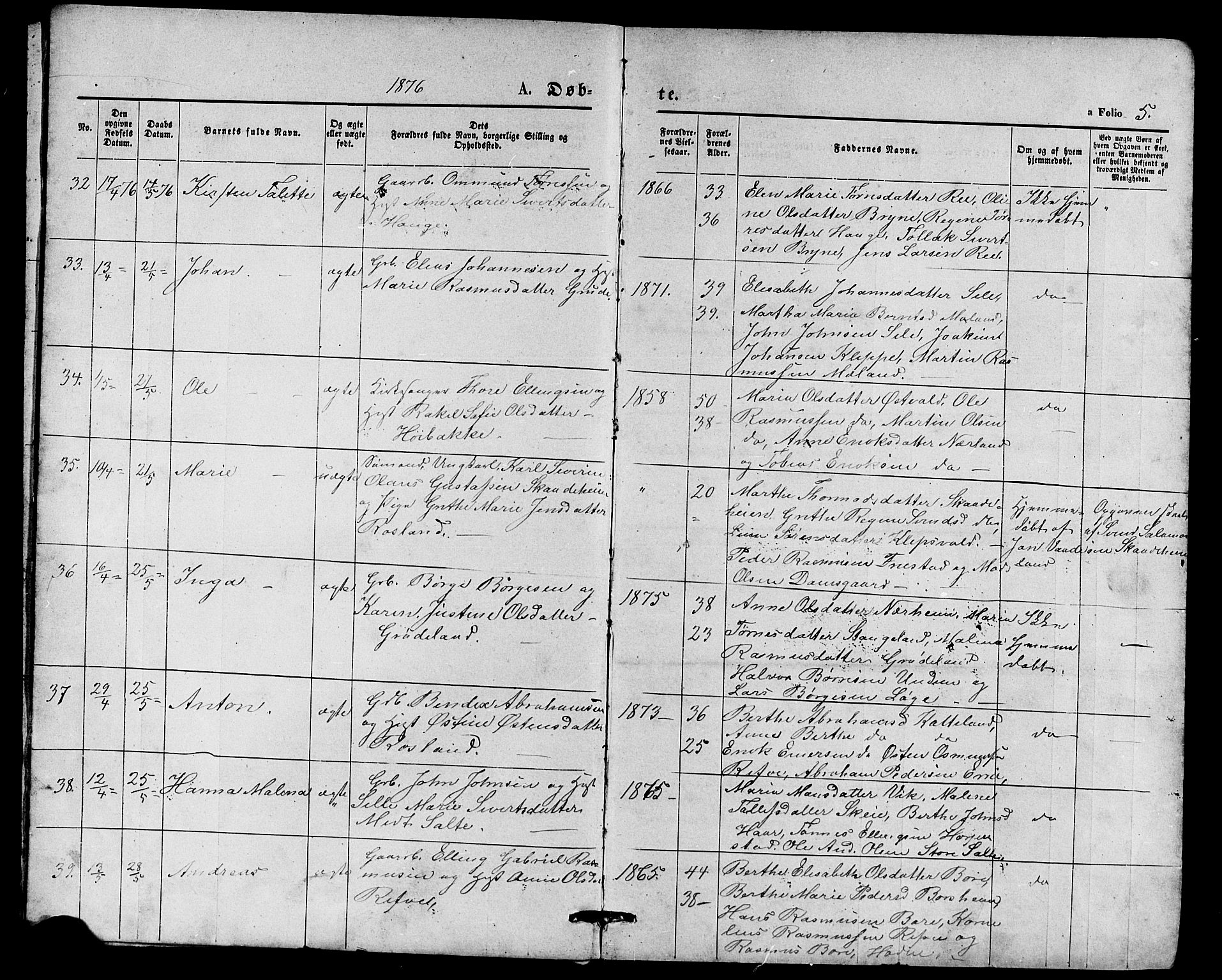 Klepp sokneprestkontor, AV/SAST-A-101803/001/3/30BB/L0003: Parish register (copy) no. B 3, 1876-1888, p. 5