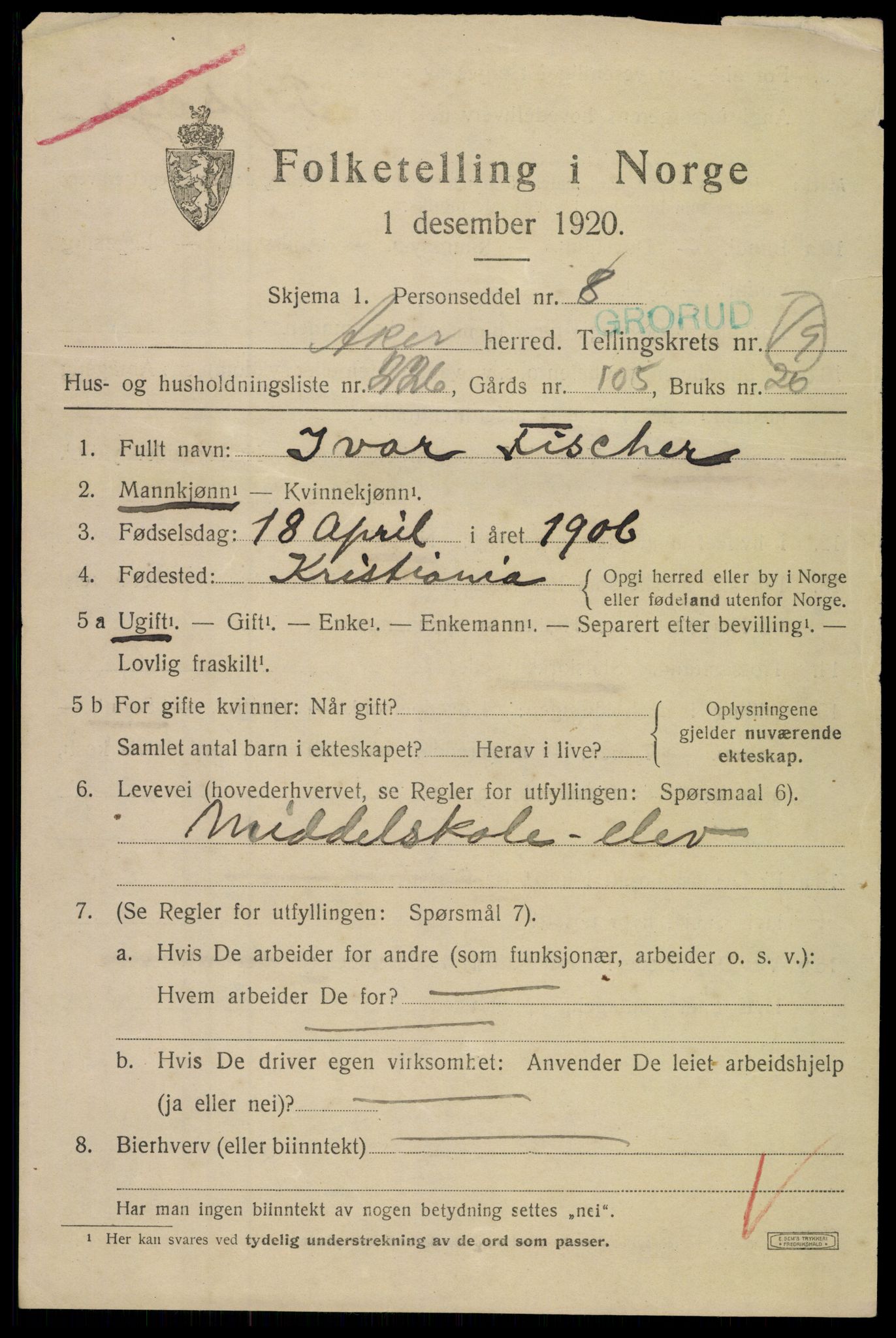 SAO, 1920 census for Aker, 1920, p. 121990