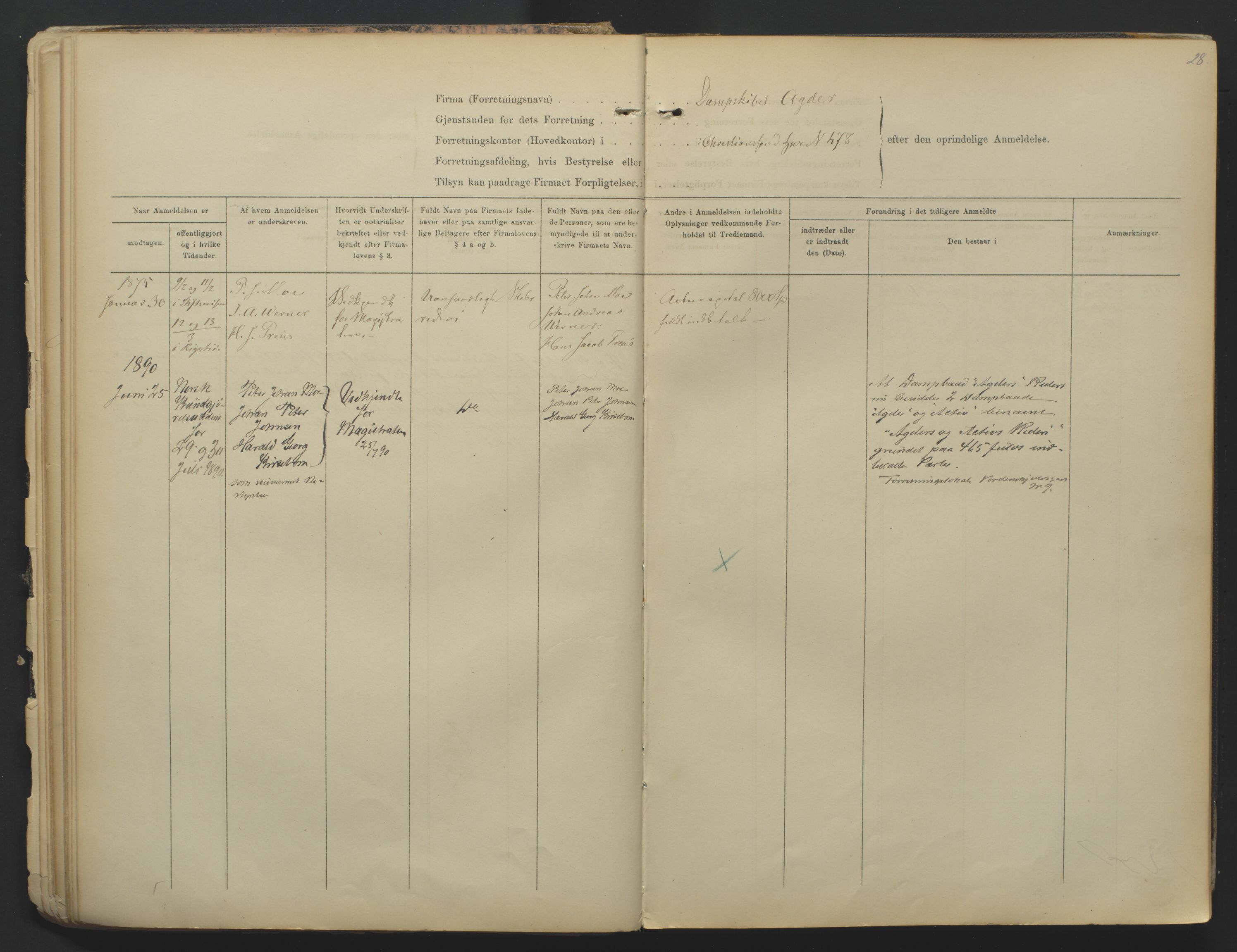 Kristiansand byrett, SAK/1223-0001/K/Kb/L0001: Firmaregister A, med register, 1874-1890, p. 28