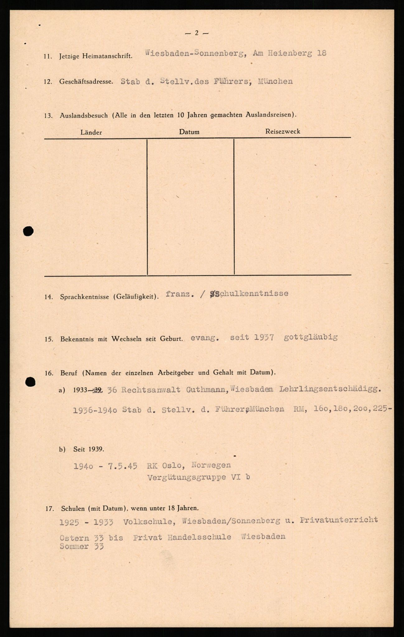 Forsvaret, Forsvarets overkommando II, RA/RAFA-3915/D/Db/L0013: CI Questionaires. Tyske okkupasjonsstyrker i Norge. Tyskere., 1945-1946, p. 119