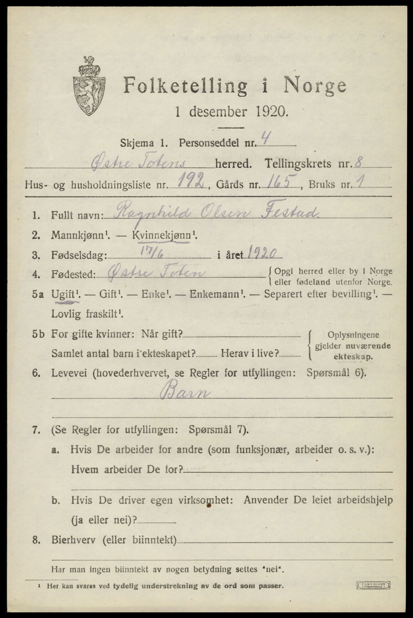 SAH, 1920 census for Østre Toten, 1920, p. 17796