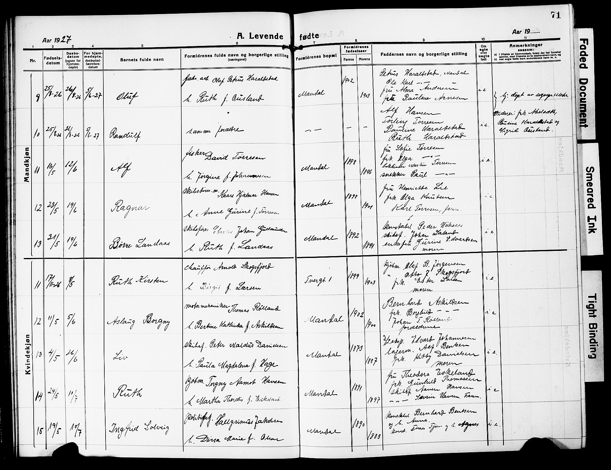 Mandal sokneprestkontor, AV/SAK-1111-0030/F/Fb/Fbc/L0001: Parish register (copy) no. B 1, 1918-1931, p. 71