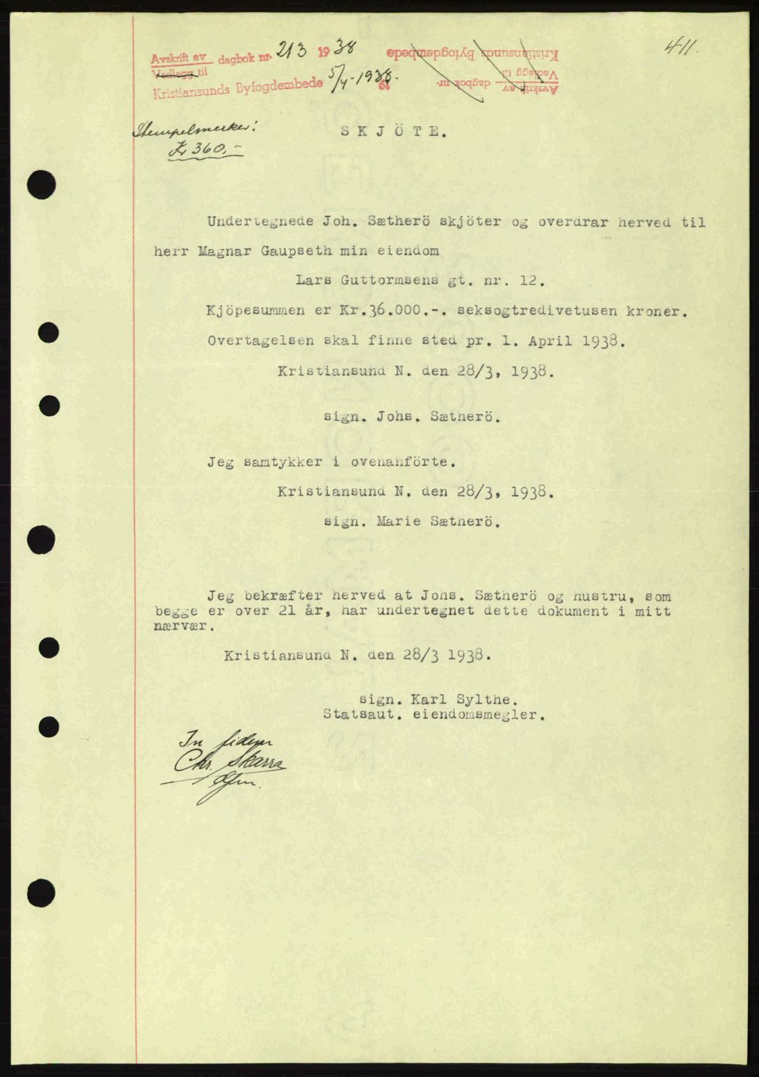 Kristiansund byfogd, AV/SAT-A-4587/A/27: Mortgage book no. 30, 1936-1941, Diary no: : 213/1938