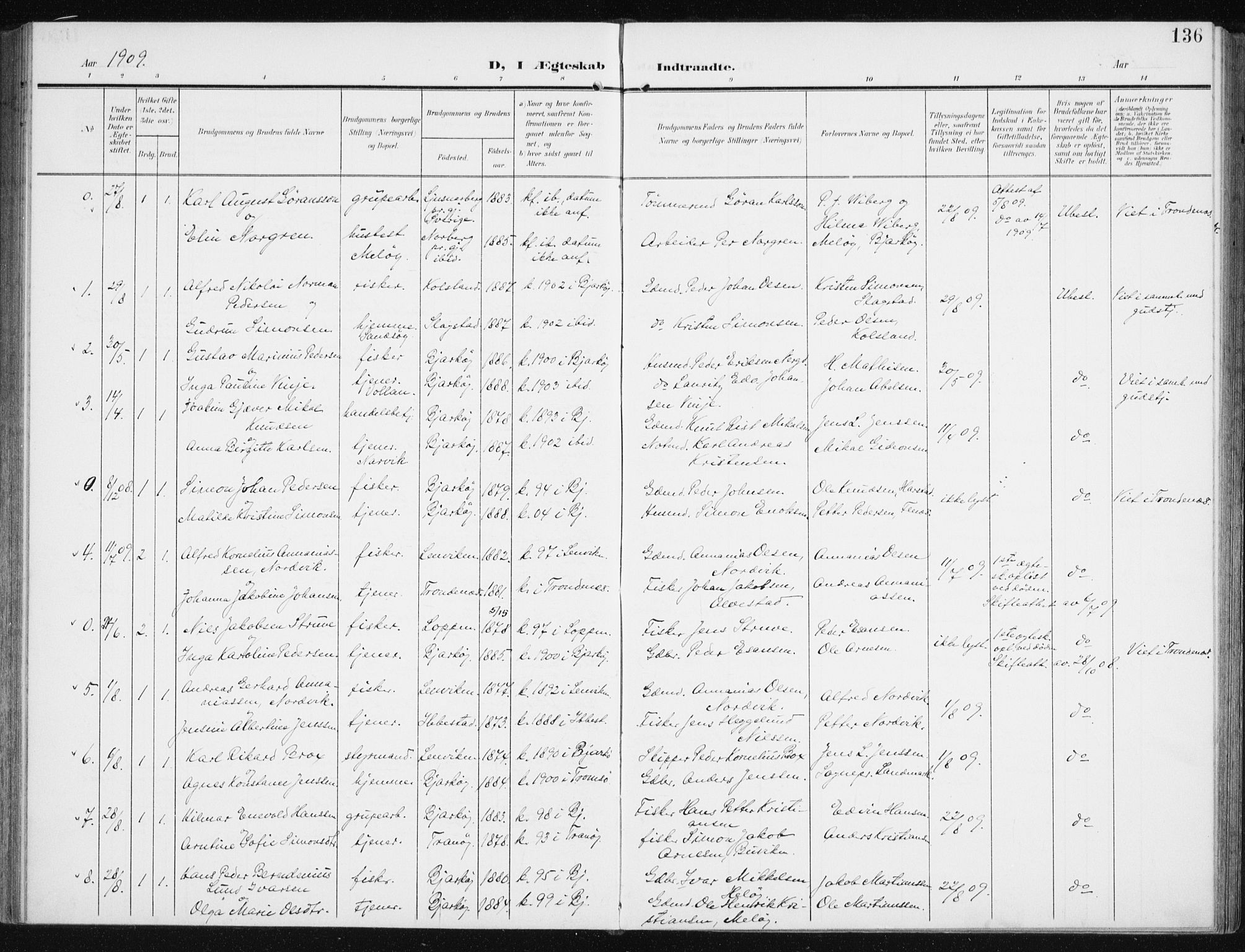 Sand/Bjarkøy sokneprestkontor, AV/SATØ-S-0811/I/Ia/Iaa/L0005kirke: Parish register (official) no. 5, 1905-1914, p. 136