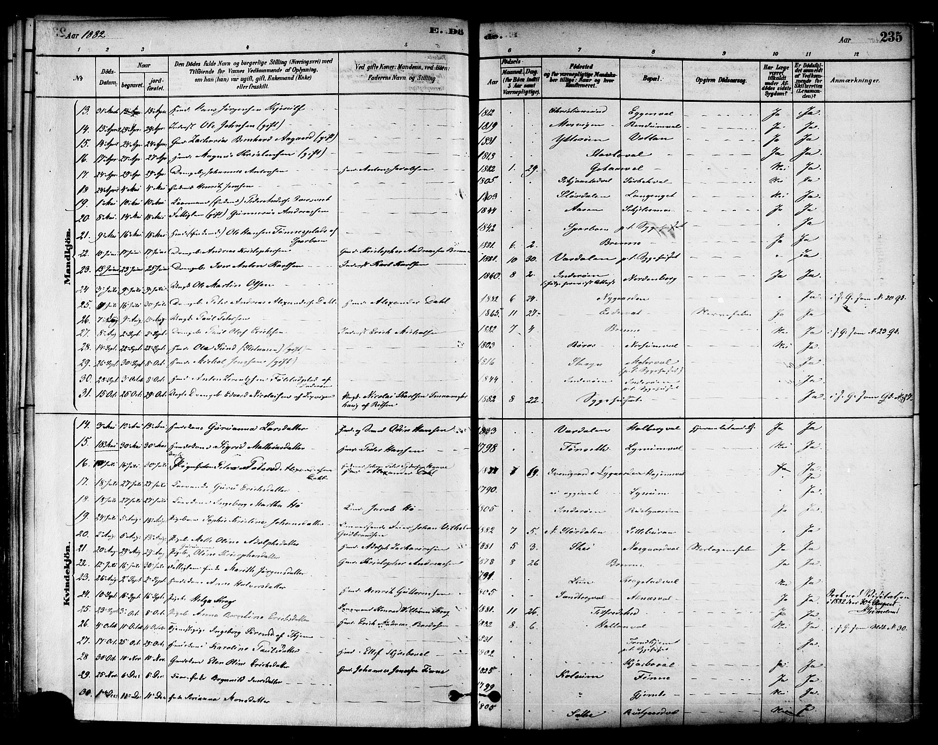Ministerialprotokoller, klokkerbøker og fødselsregistre - Nord-Trøndelag, SAT/A-1458/717/L0159: Parish register (official) no. 717A09, 1878-1898, p. 235
