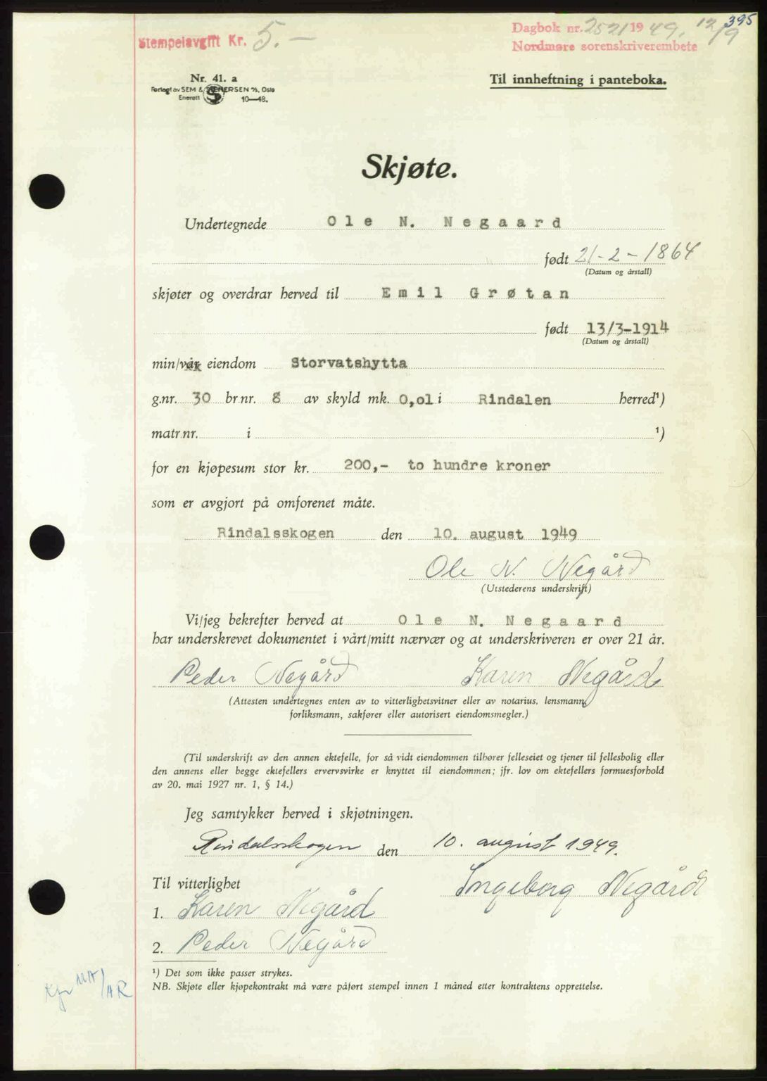 Nordmøre sorenskriveri, AV/SAT-A-4132/1/2/2Ca: Mortgage book no. A112, 1949-1949, Diary no: : 2521/1949