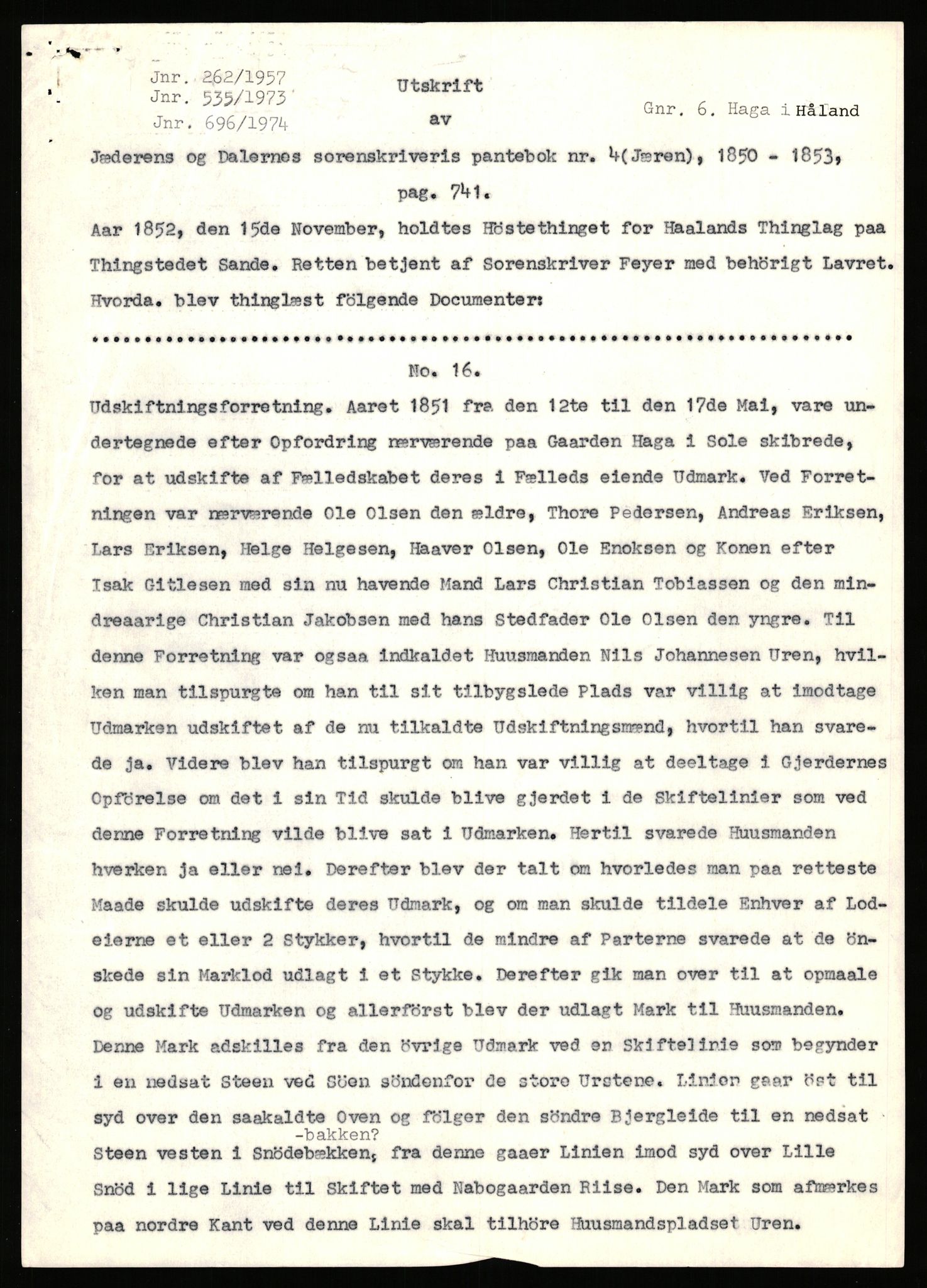 Statsarkivet i Stavanger, AV/SAST-A-101971/03/Y/Yj/L0028: Avskrifter sortert etter gårdsnavn: Gudla - Haga i Håland, 1750-1930, p. 597