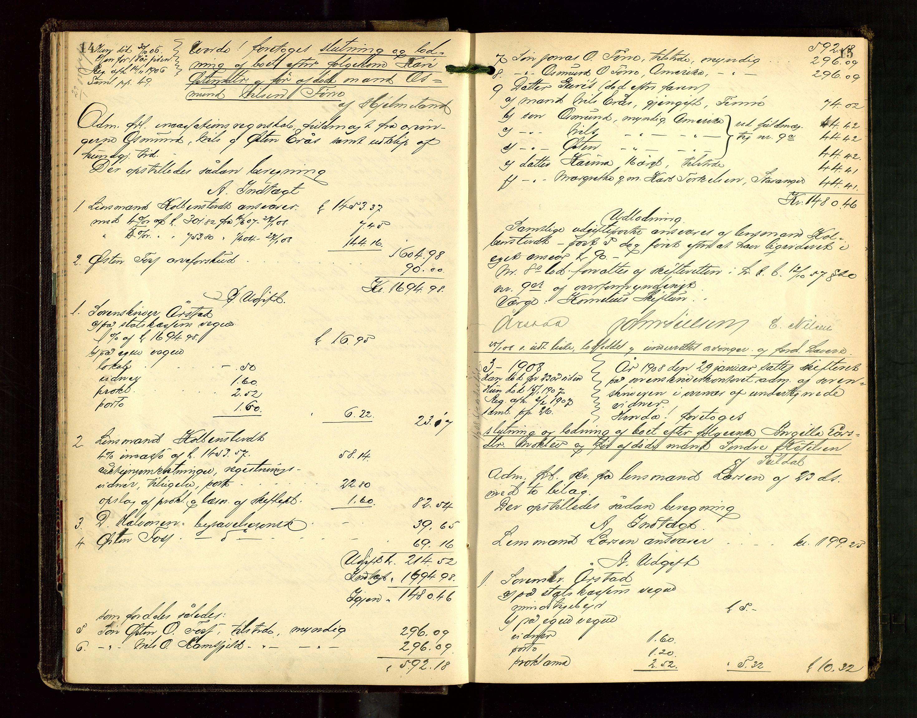 Ryfylke tingrett, AV/SAST-A-100055/001/IV/IVG/L0003: Skifteutlodningsprotokoll Med register, 1907-1912, p. 14-15